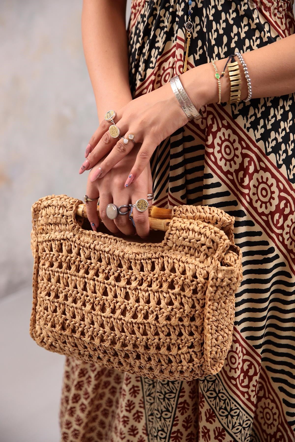 Camel Bamboo Handle Straw Bag - Saman Butik | Shop Online Camel Bamboo Handle Straw Bag