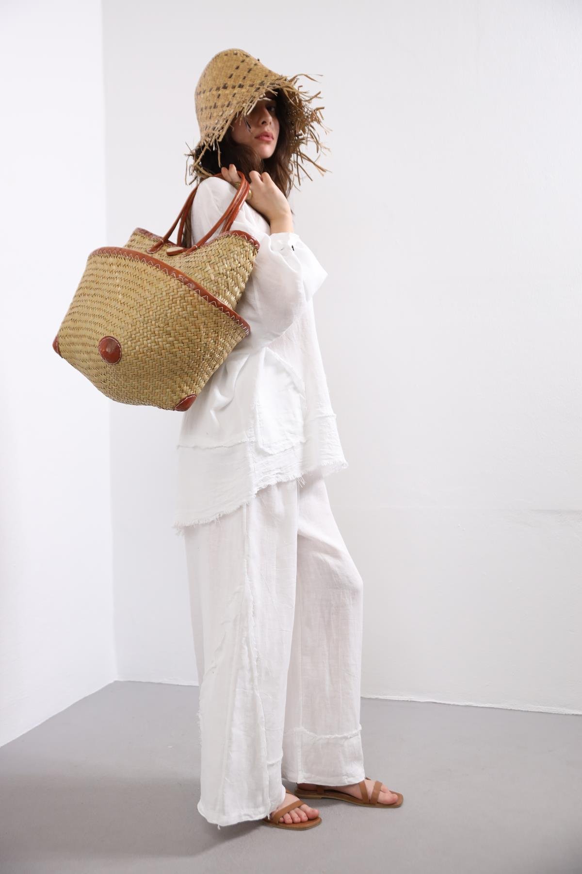 Hasır İki Parçalı Düğme Detay Çanta - Şaman Butik Hasır İki Parçalı Düğme Detay Çanta