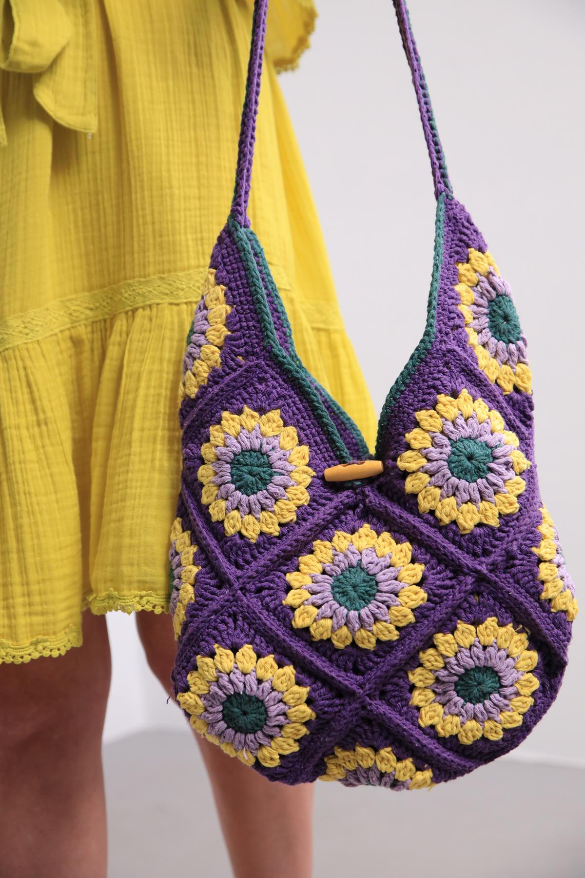 Mor Papatya Desenli Çanta - Şaman Butik Mor Papatya Desenli Çanta