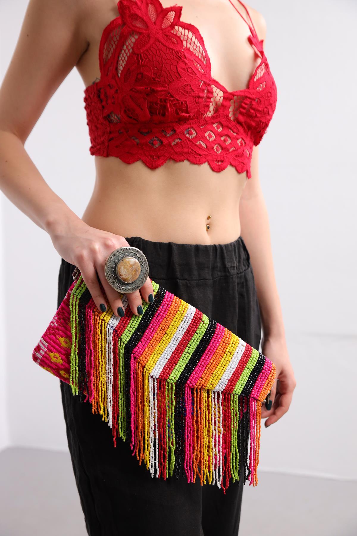 Renkli Boncuk İşlemeli Püsküllü Zarf Çanta - Şaman Butik Renkli Boncuk İşlemeli Püsküllü Zarf Çanta