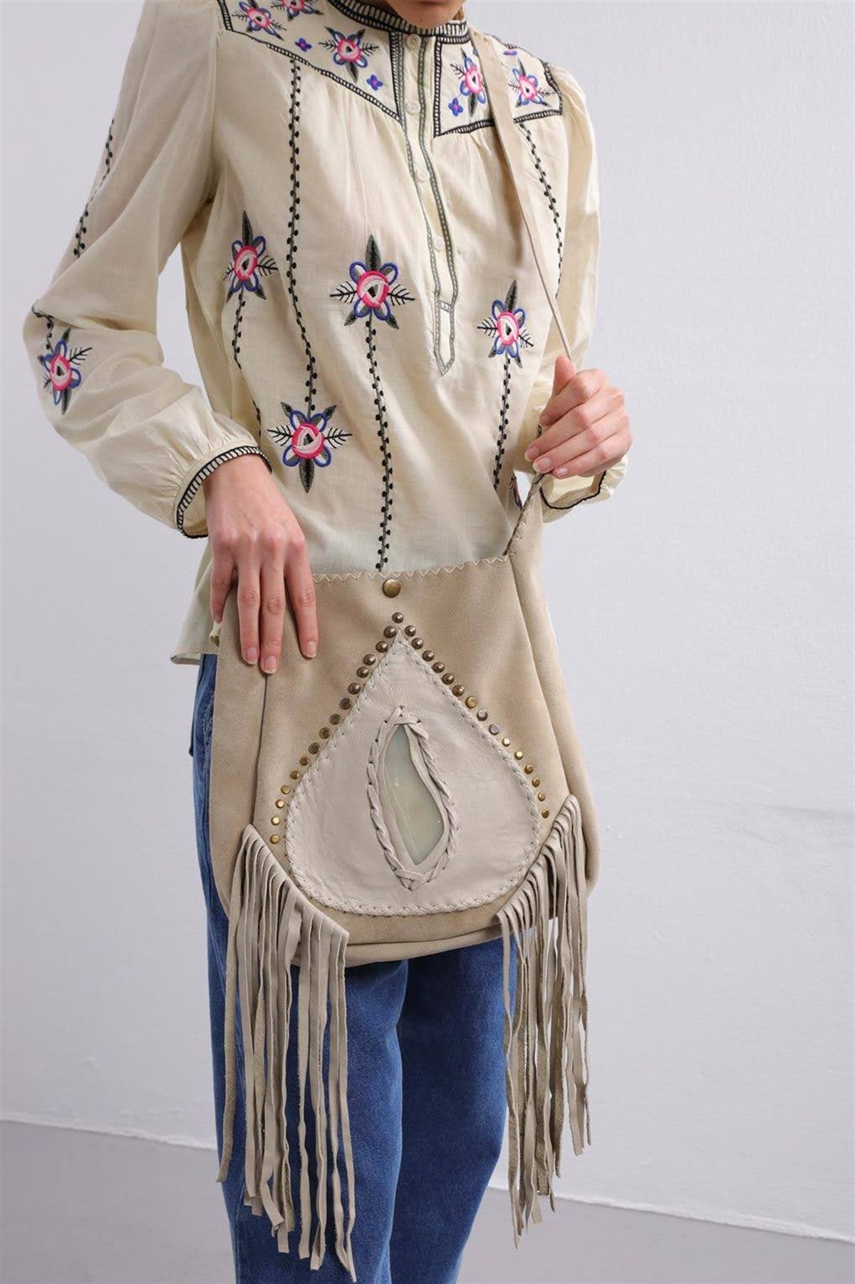 Stone Color Natural Stone Detailed Tasseled Leather Bag - Saman Butik | Shop Online Stone Color Natural Stone Detailed Tasseled Leather Bag