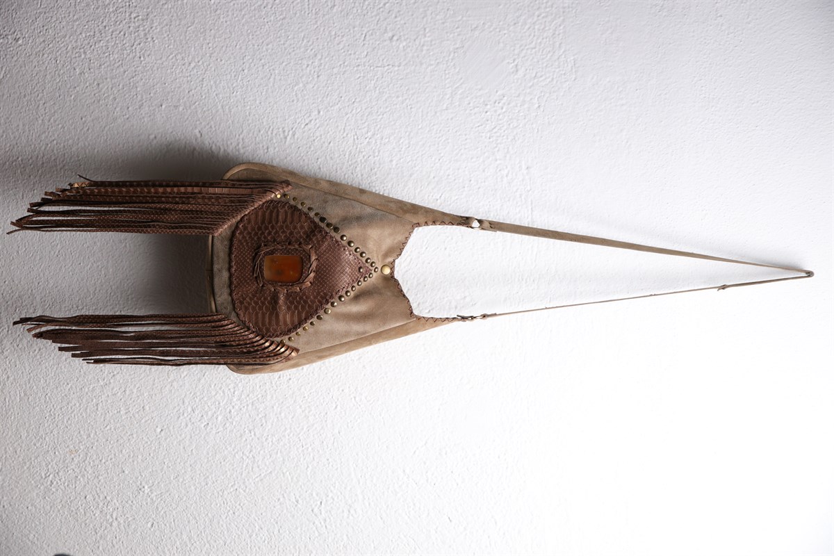 Mink Natural Stone Detailed Tasseled Leather Bag - Saman Butik | Shop Online Mink Natural Stone Detailed Tasseled Leather Bag