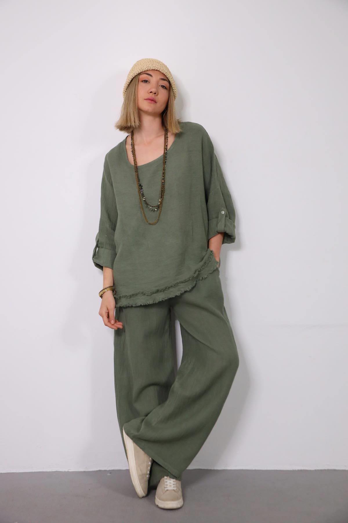 Haki Püsküllü Örme Pamuk Detaylı Keten Takım - Şaman Bluz Haki Püsküllü Örme Pamuk Detaylı Keten Takım