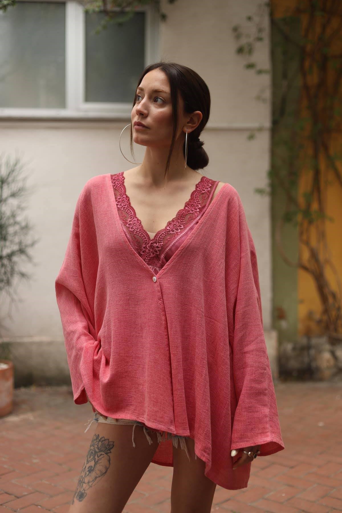 Şeker Pembe Tek Düğme Keten Hırka