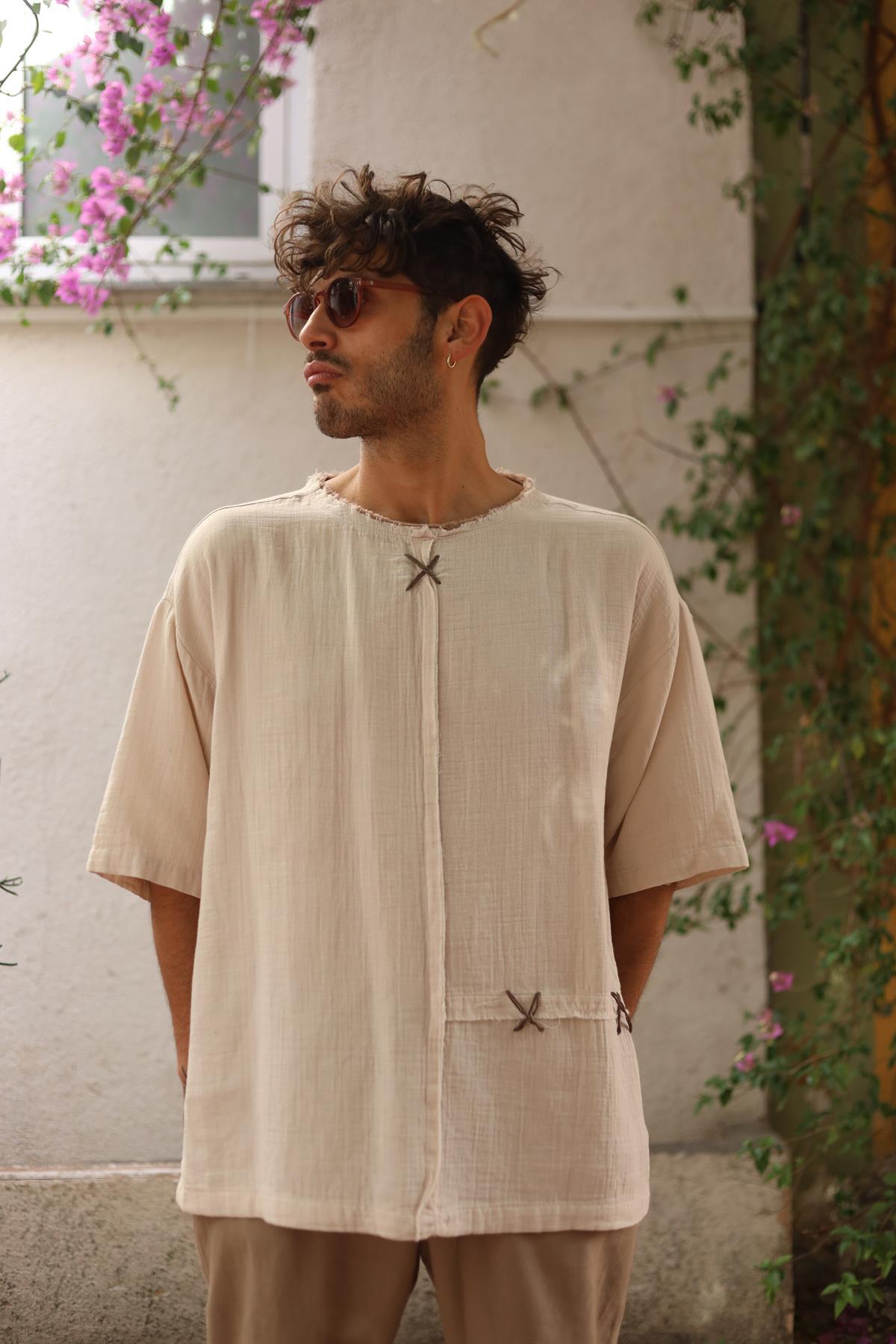 Cream Color Stitched Mens T-Shirt