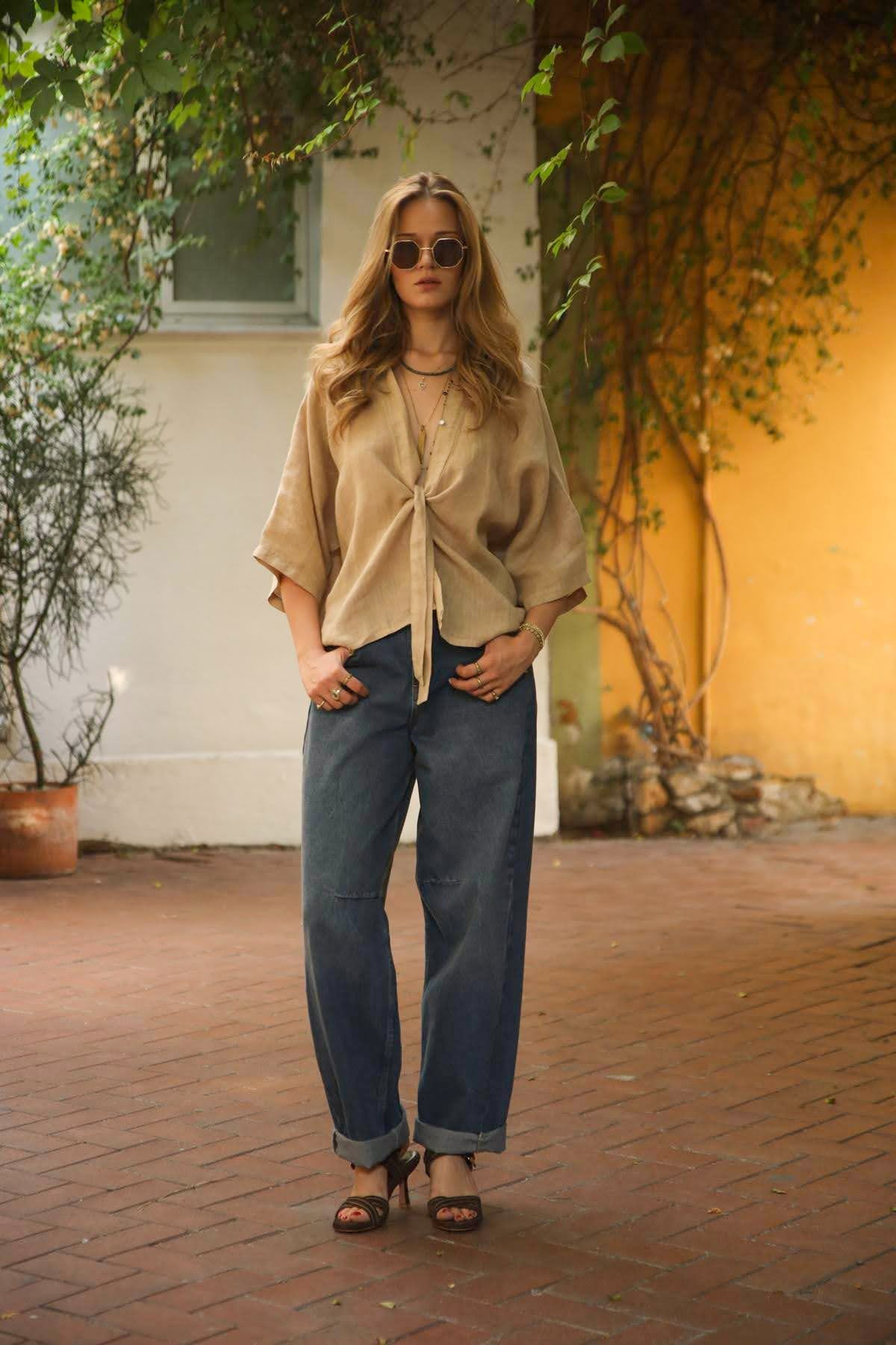 Camel Rengi Önü Bağlamalı Keten Ceket