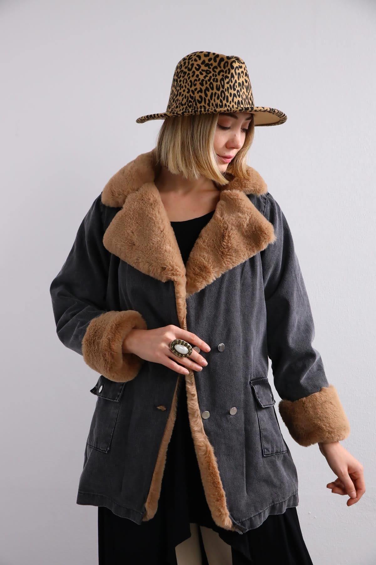 Antrasit Camel Rengi Kürklü Kot Ceket - Şaman Butik Antrasit Camel Rengi Kürklü Kot Ceket