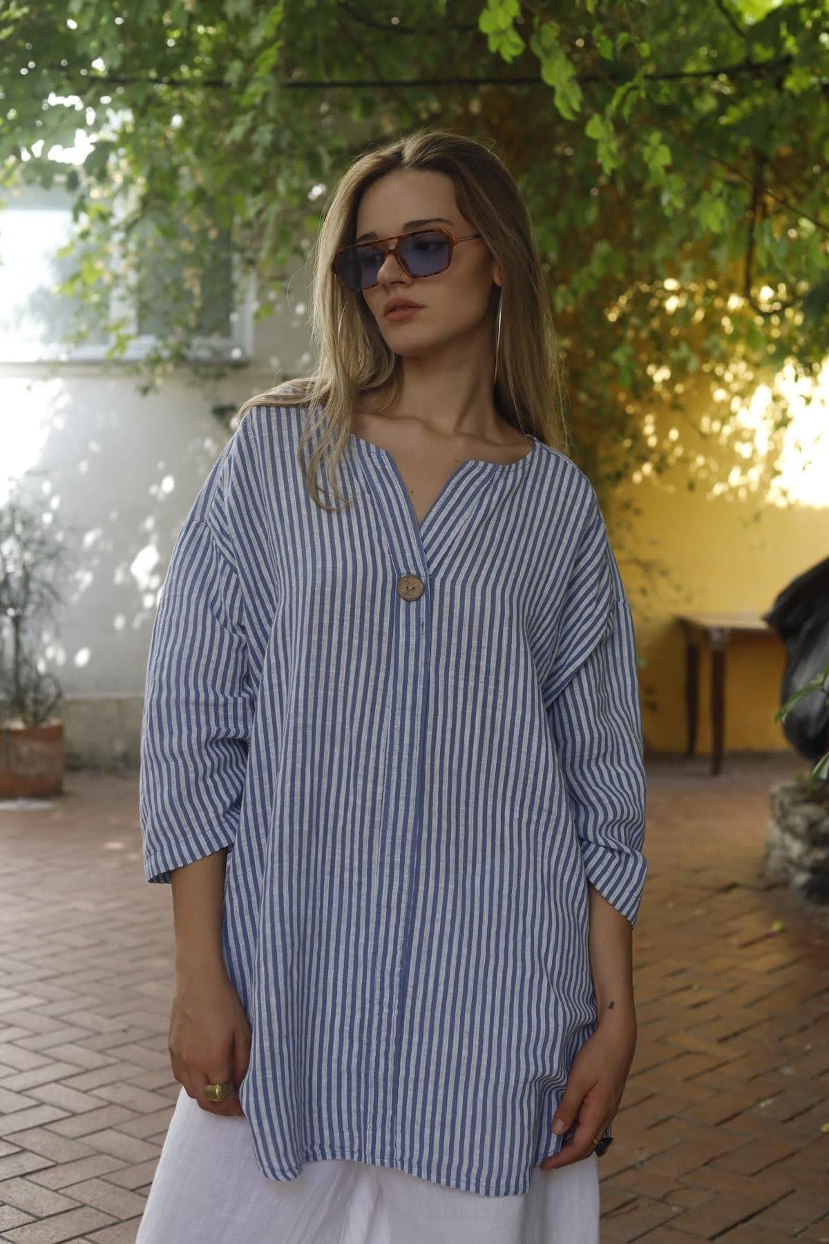 Indigo Blue Striped Single Button Tunic