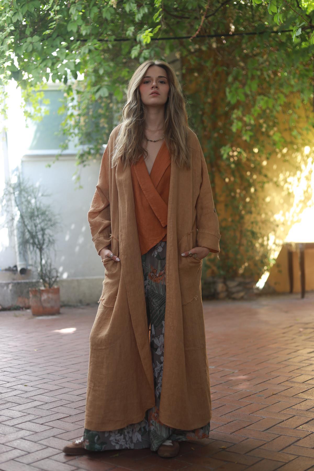 Camel Color Buttoned Pocket Linen Caftan