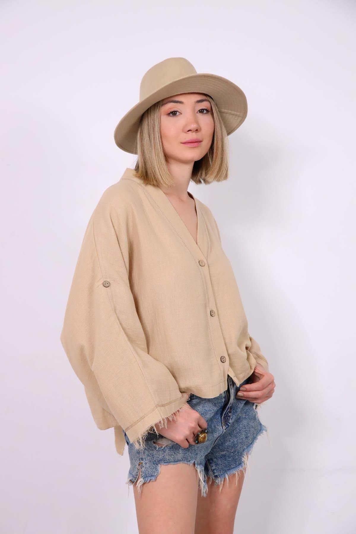 Sütlü Kahve Yarasa Kol Püsküllü Sırt Detaylı Gömlek - Şaman Butik Sütlü Kahve Yarasa Kol Püsküllü Sırt Detaylı Gömlek