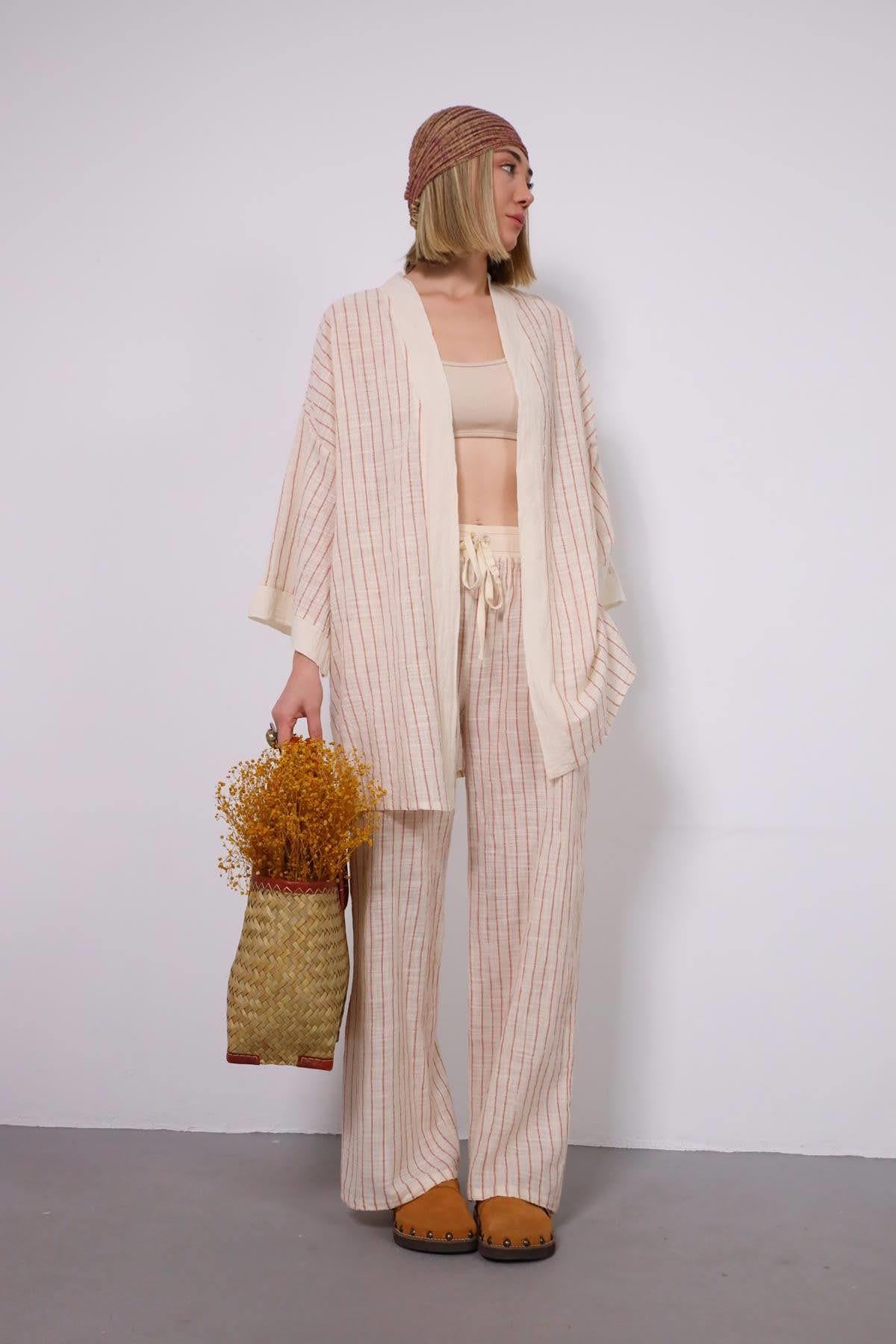 Kiremit Rengi Çizgili Kimono - Şaman Butik Kiremit Rengi Çizgili Kimono