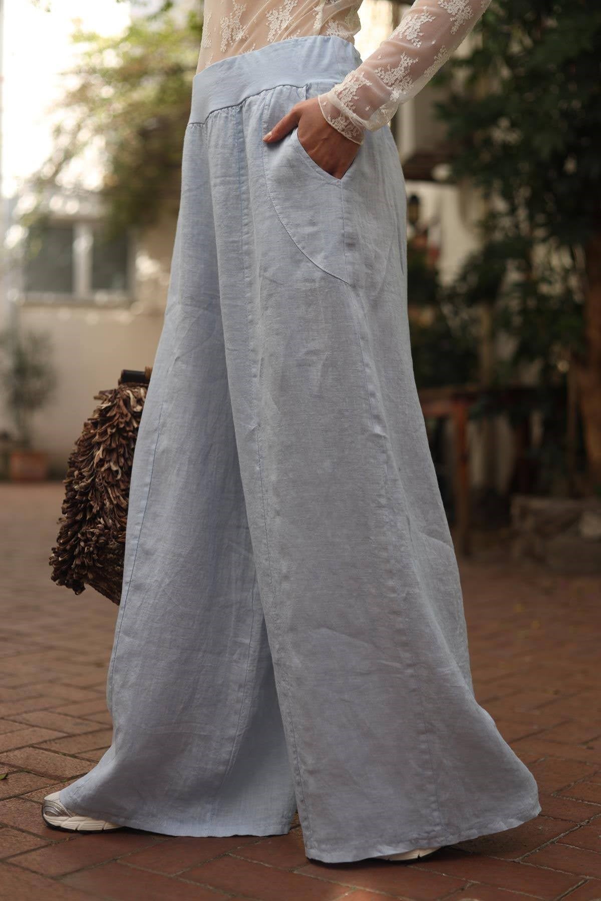 Açık Mavi Cebi Dikiş Detaylı Keten Pantolon