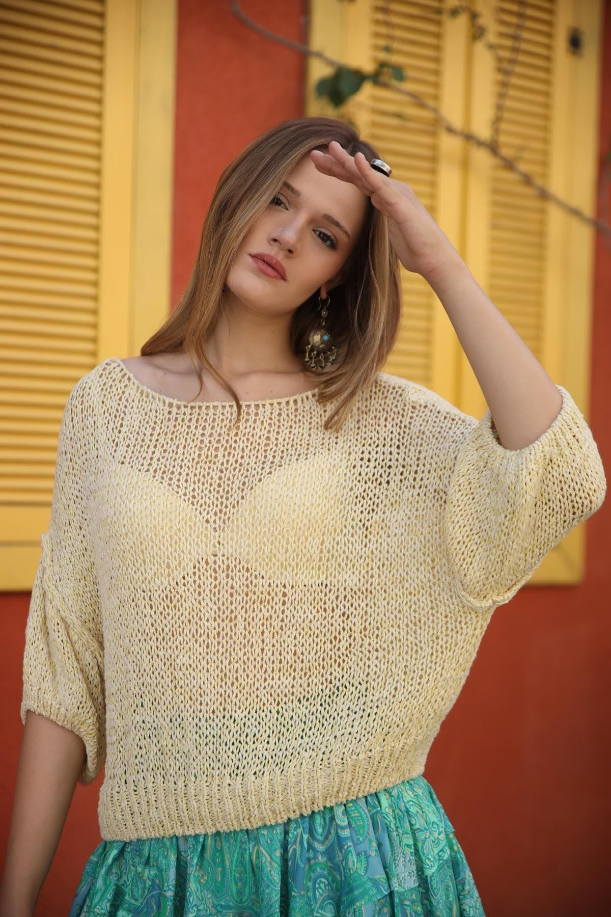 Butter Yellow Simli Ters Dikiş Detaylı Triko Bluz