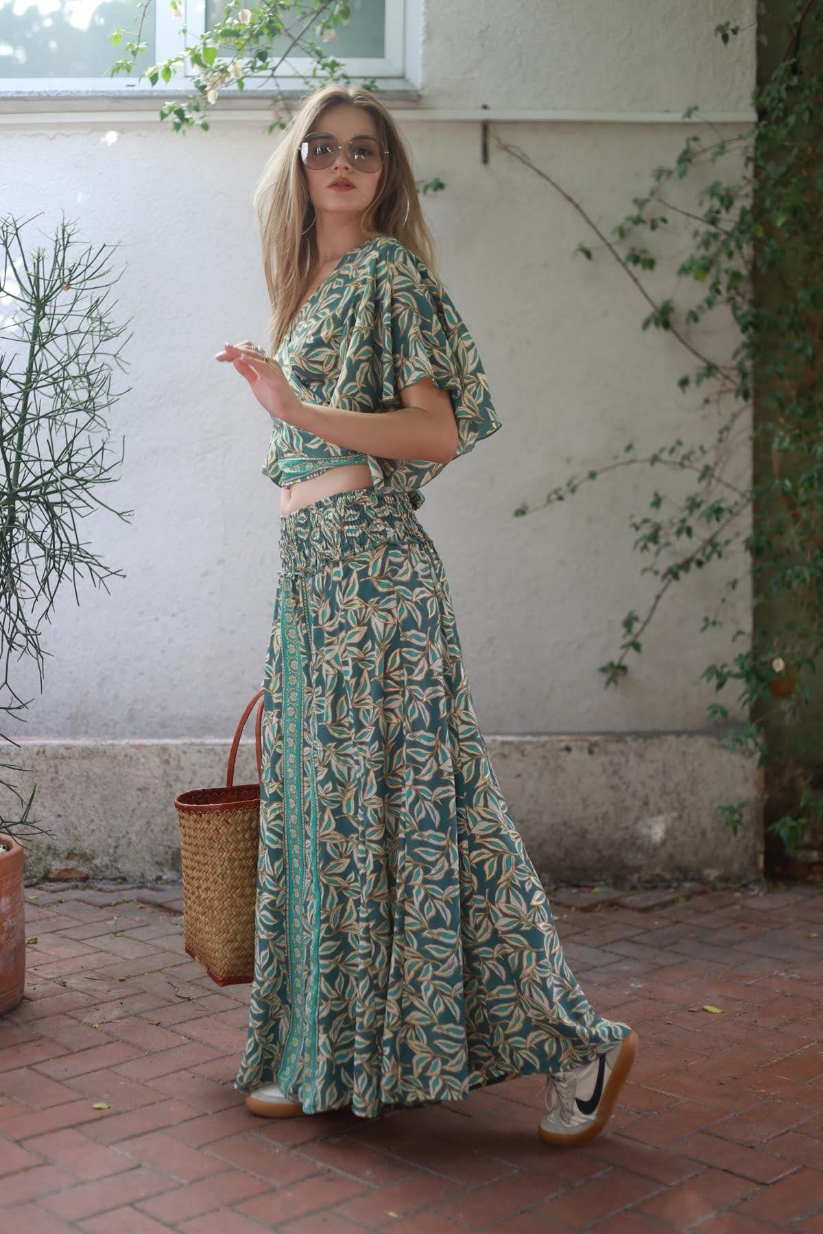Petrol Green Gimped Waist Silk Wide Pants
