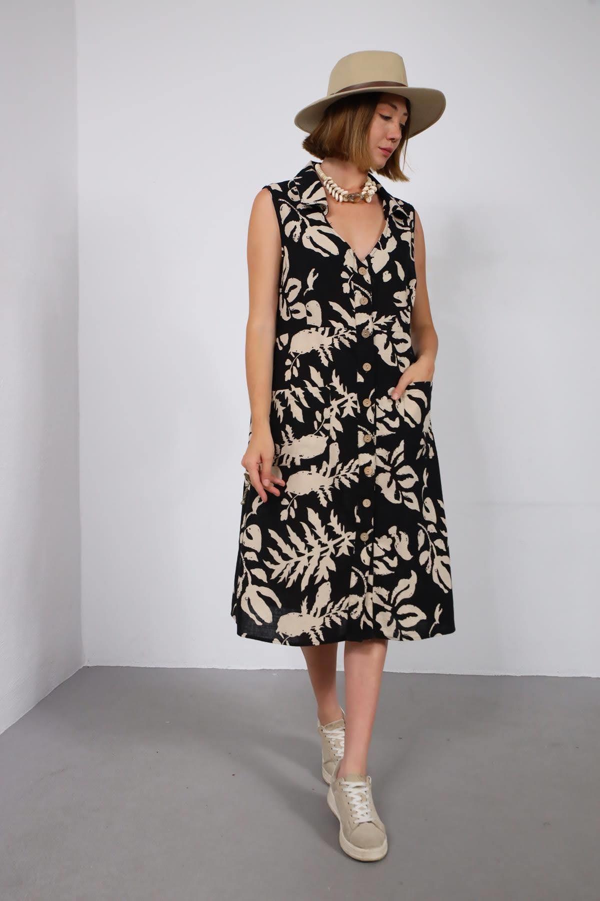 Siyah Desenli V Yaka Cepli Keten Gömlek Elbise - Şaman Butik Siyah Desenli V Yaka Cepli Keten Gömlek Elbise