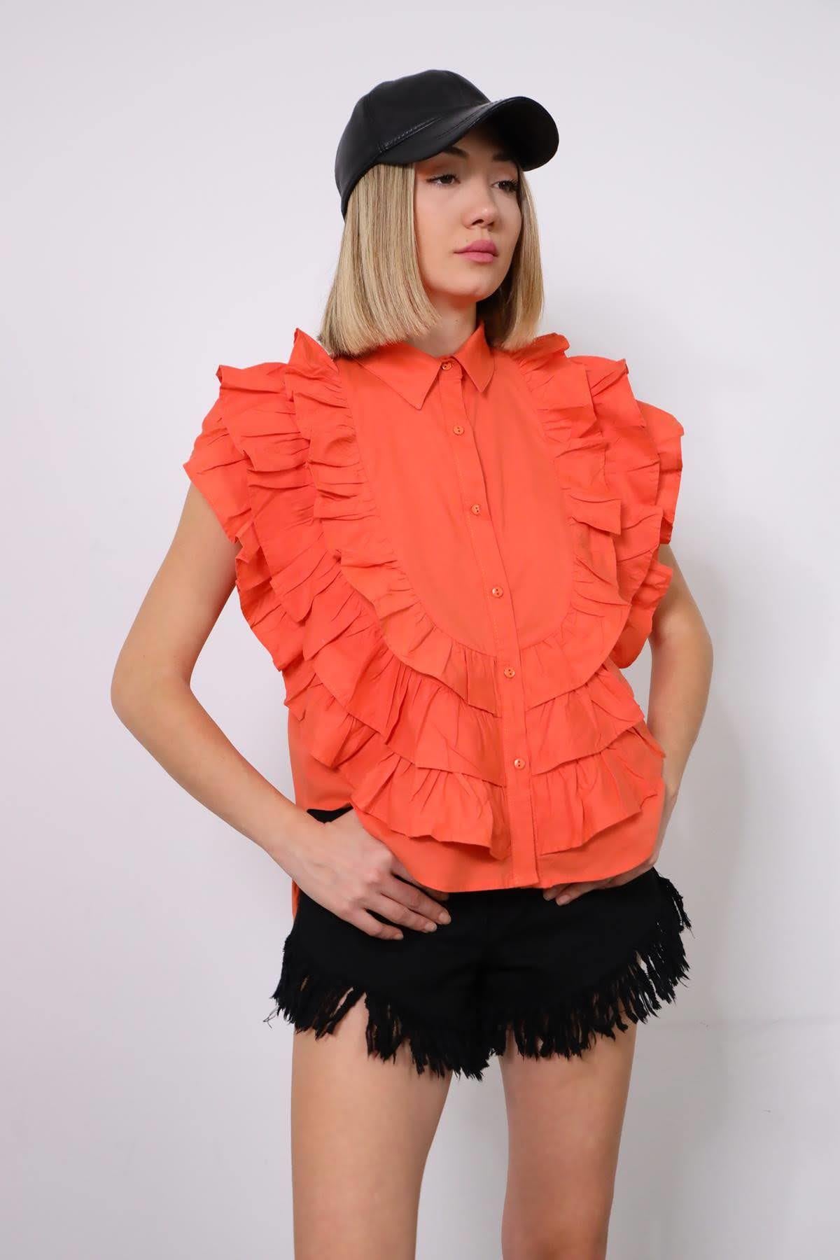 Turuncu Kolsuz Fırfırlı Gömlek - Şaman Butik - Bohem Giyim ve Aksesuar | Kadın & Erkek Turuncu Kolsuz Fırfırlı Gömlek