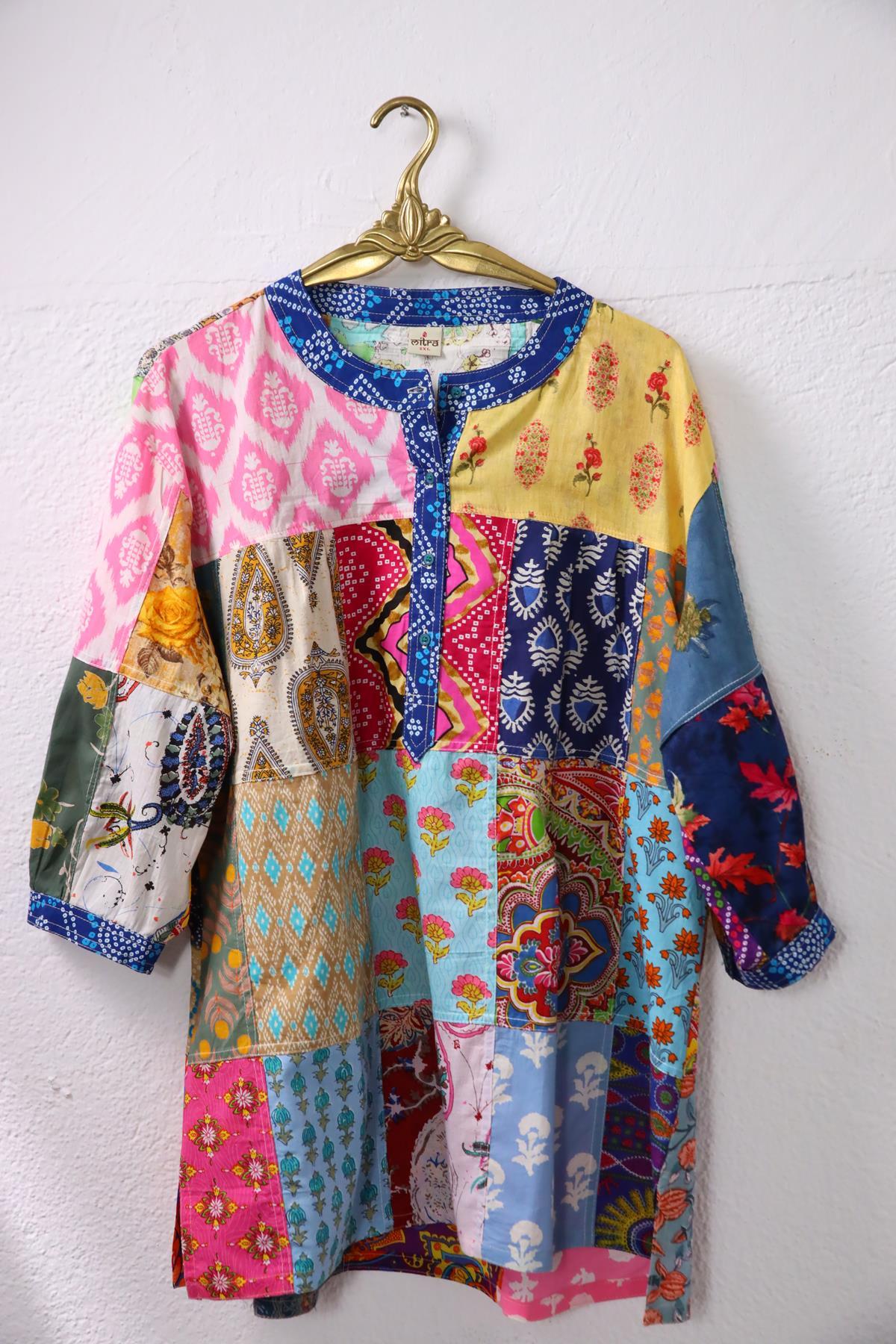 Lacivert Yakası Düğmeli Patchwork Tunik - Şaman Butik Lacivert Yakası Düğmeli Patchwork Tunik