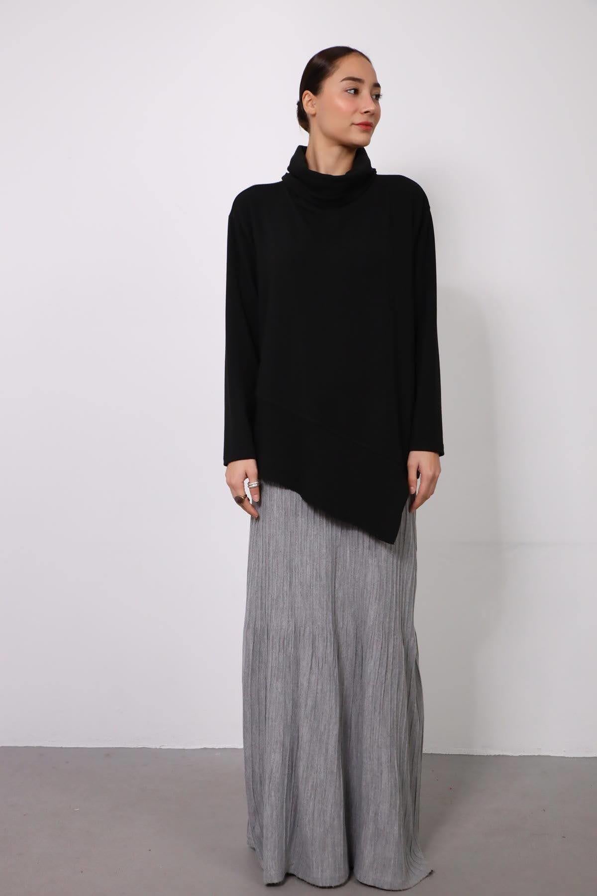 Siyah Altı Parçalı Uzun Kollu Degaje Yaka Bluz - Şaman Butik Siyah Altı Parçalı Uzun Kollu Degaje Yaka Bluz