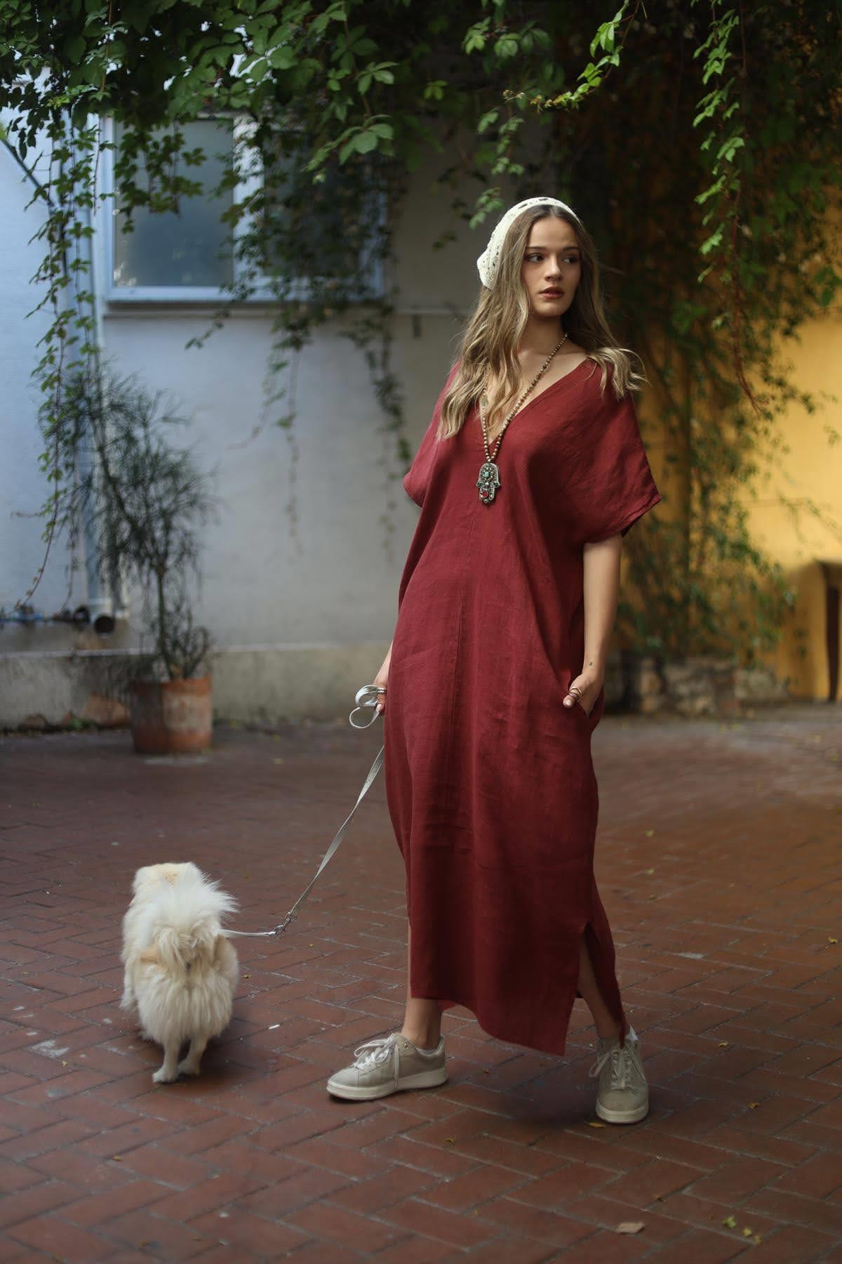 Burgundy Slit Linen Dress