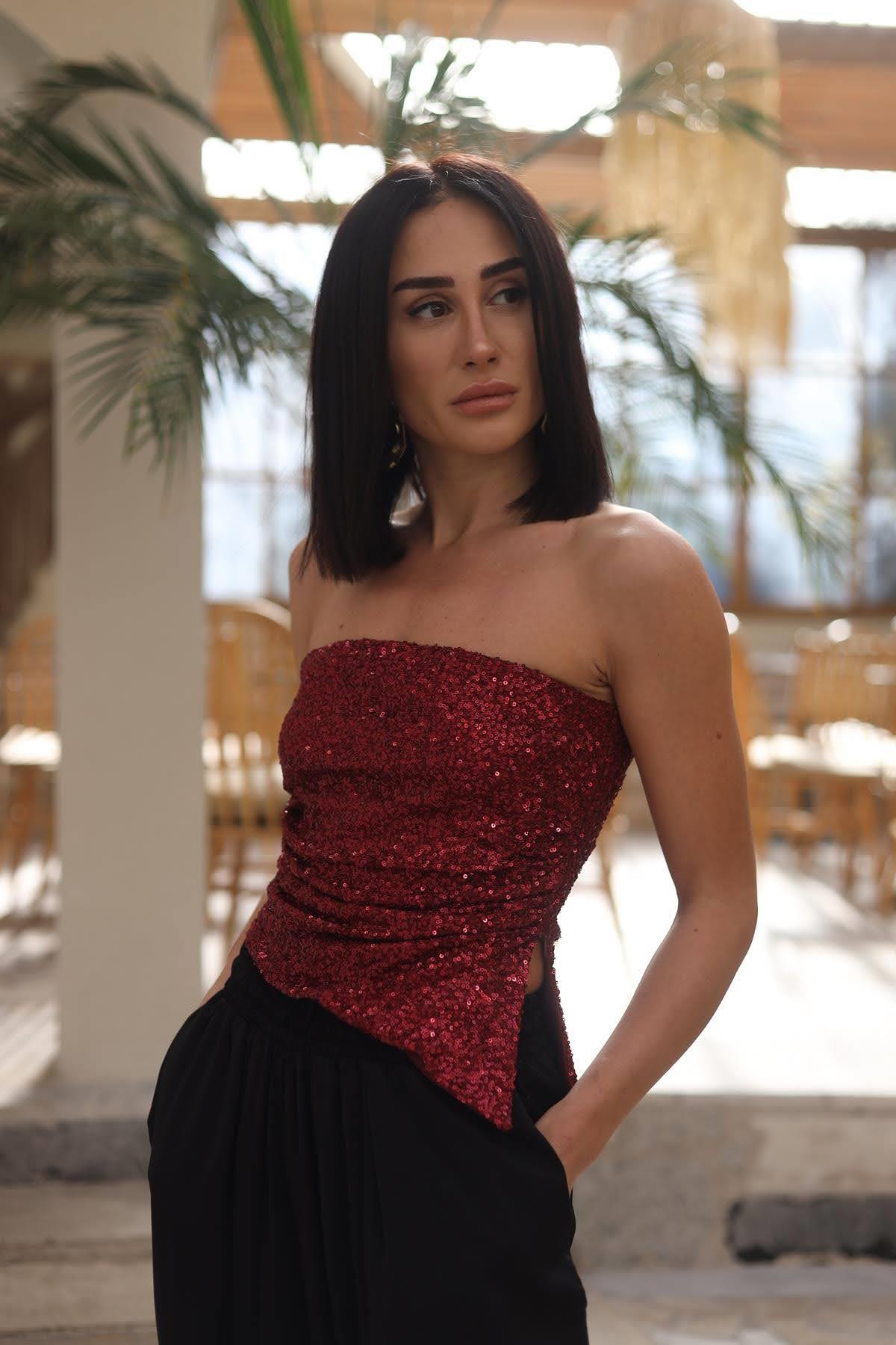 Bordo Payetli Drapeli Straplez Bluz