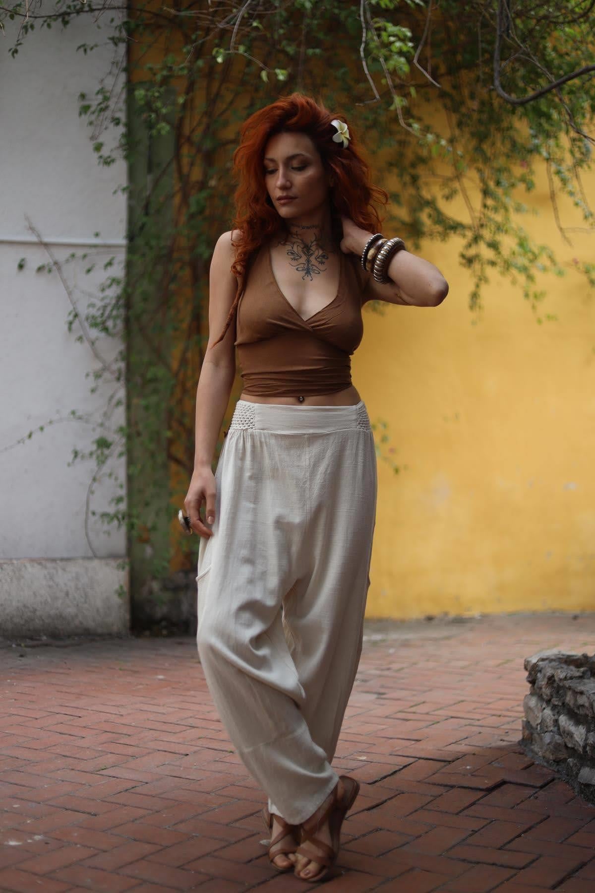 Cream Color Gimped Detail Mesh Pocket Trousers