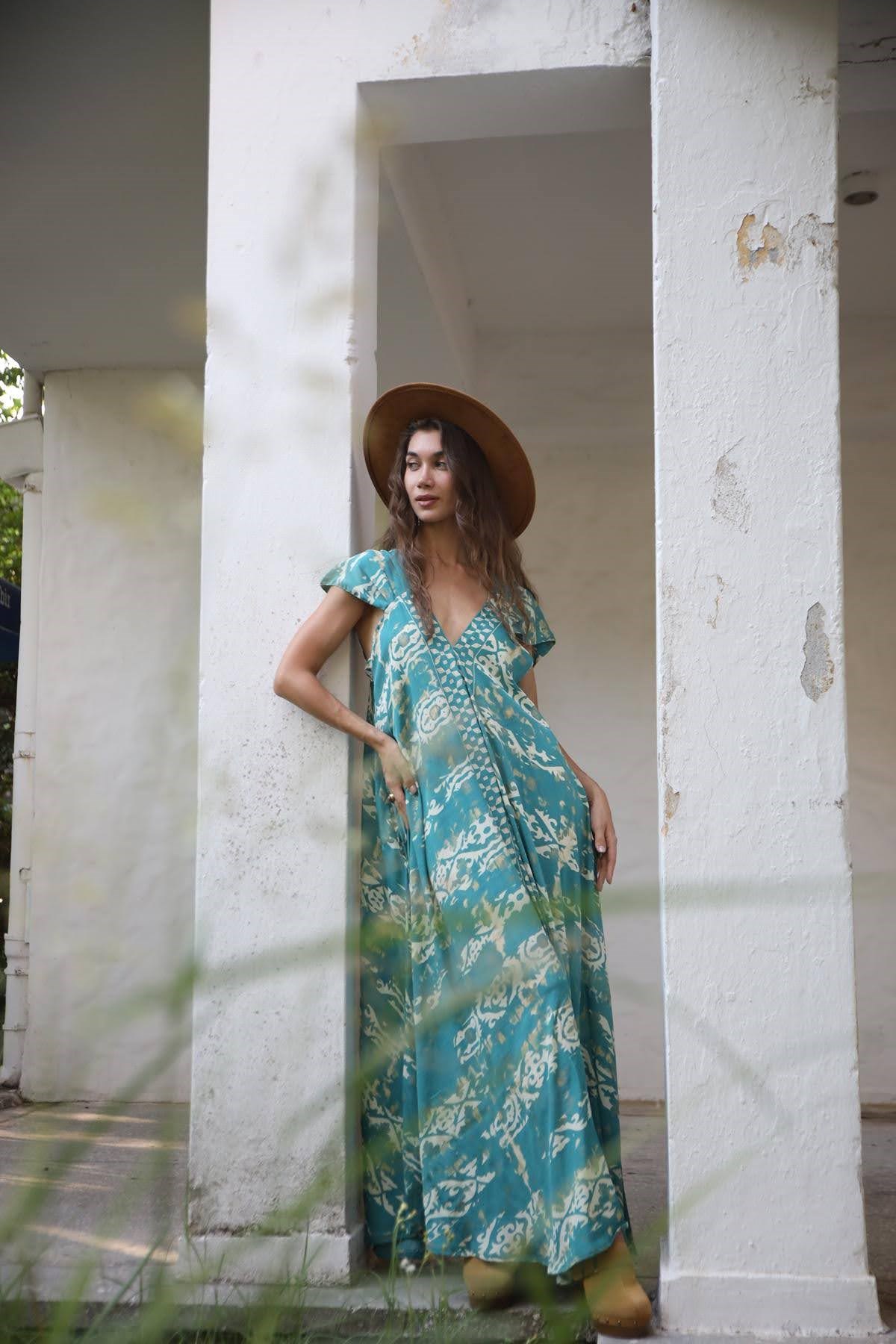 Mint Green Patterned V Neck Strappy Dress
