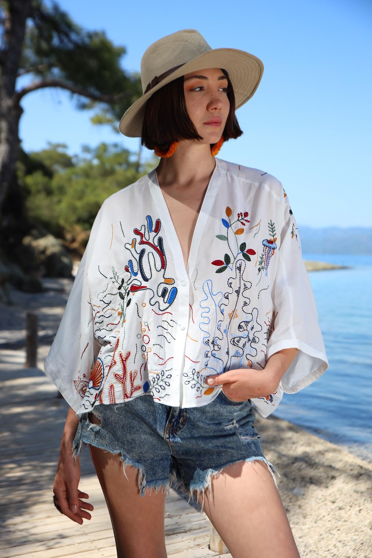 White Ocean Embroidered Authentic Shirt - Saman Butik | Shop Online White Ocean Embroidered Authentic Shirt