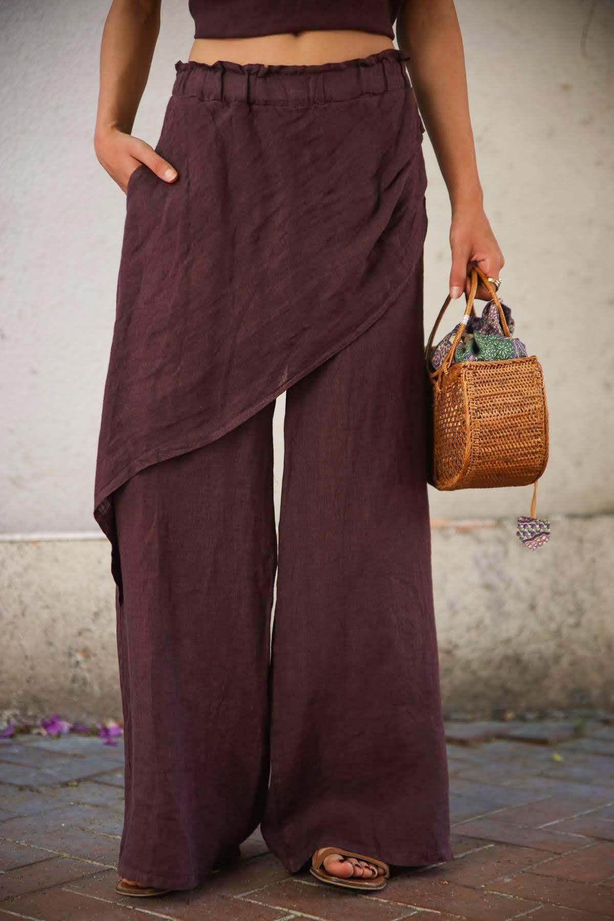 Bordo Önü Kapaklı Keten Pantolon
