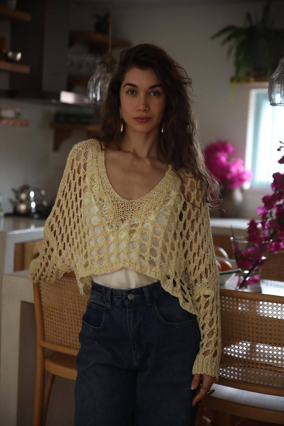 Butter Yellow Simli File Triko Crop Bluz