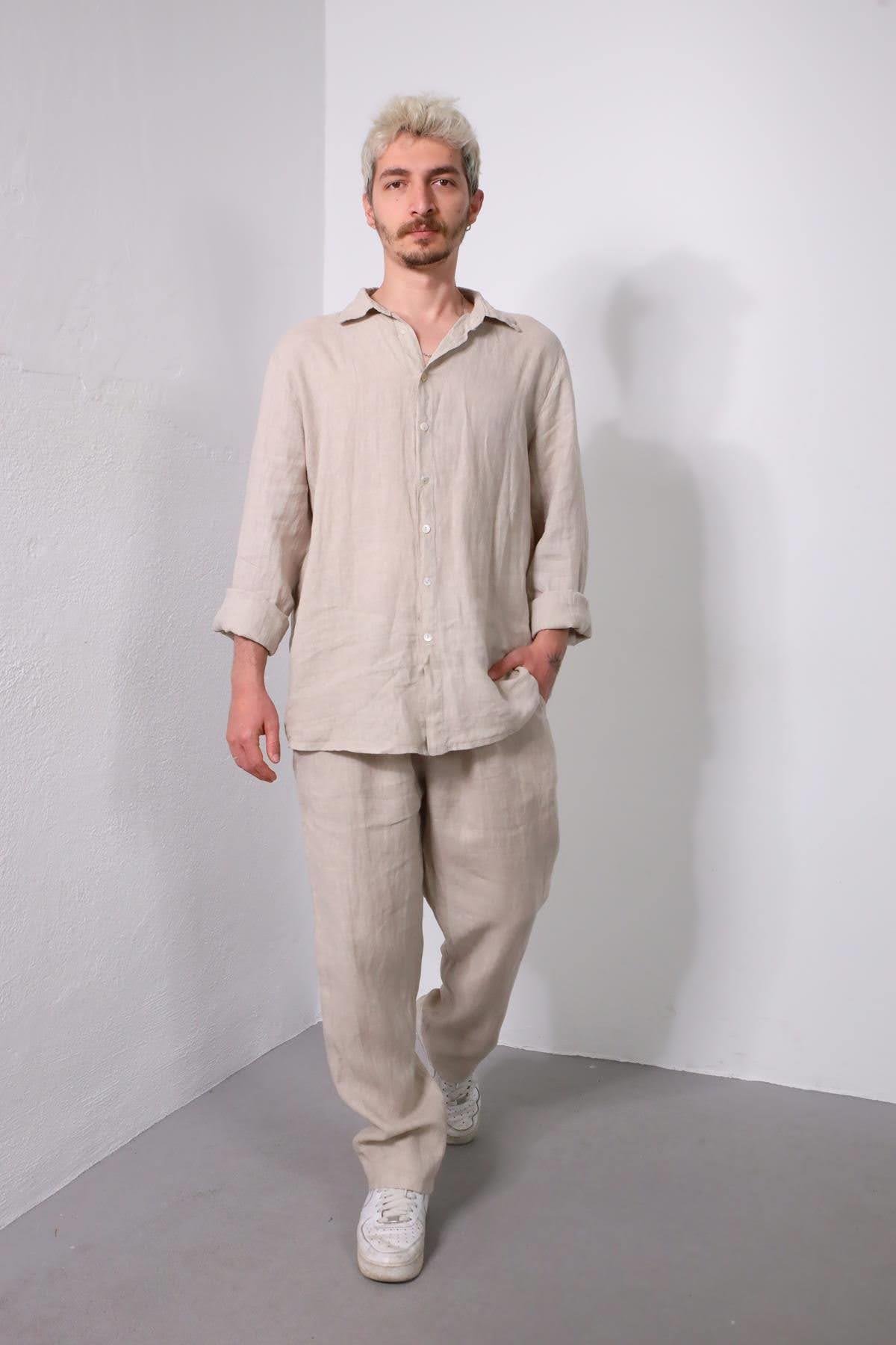 Krem Rengi Keten Erkek Pantolon ve Gömlek Takım - Şaman Butik Krem Rengi Keten Erkek Pantolon ve Gömlek Takım