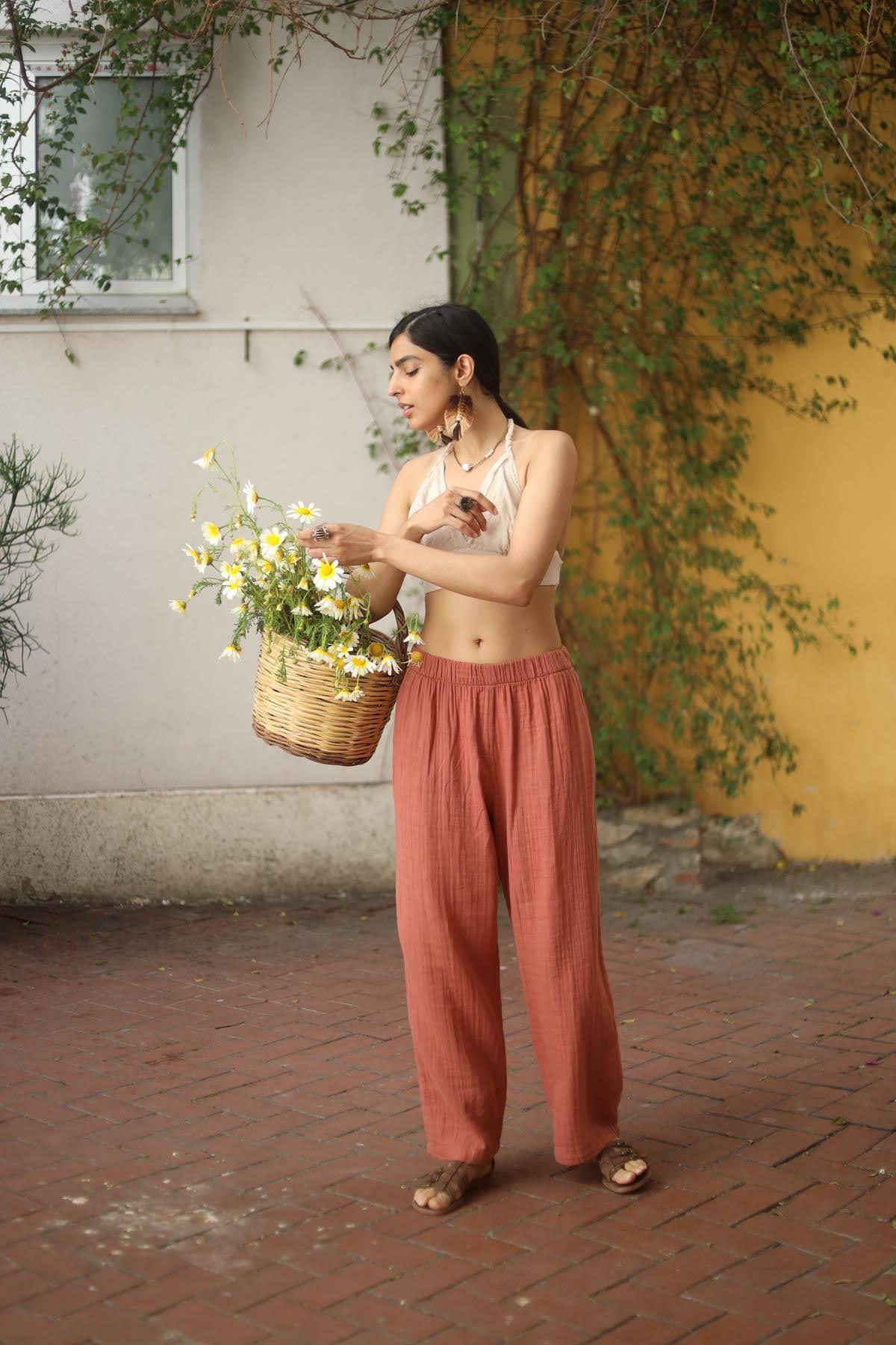 Salmon Color Elastic Waist Muslin Pants