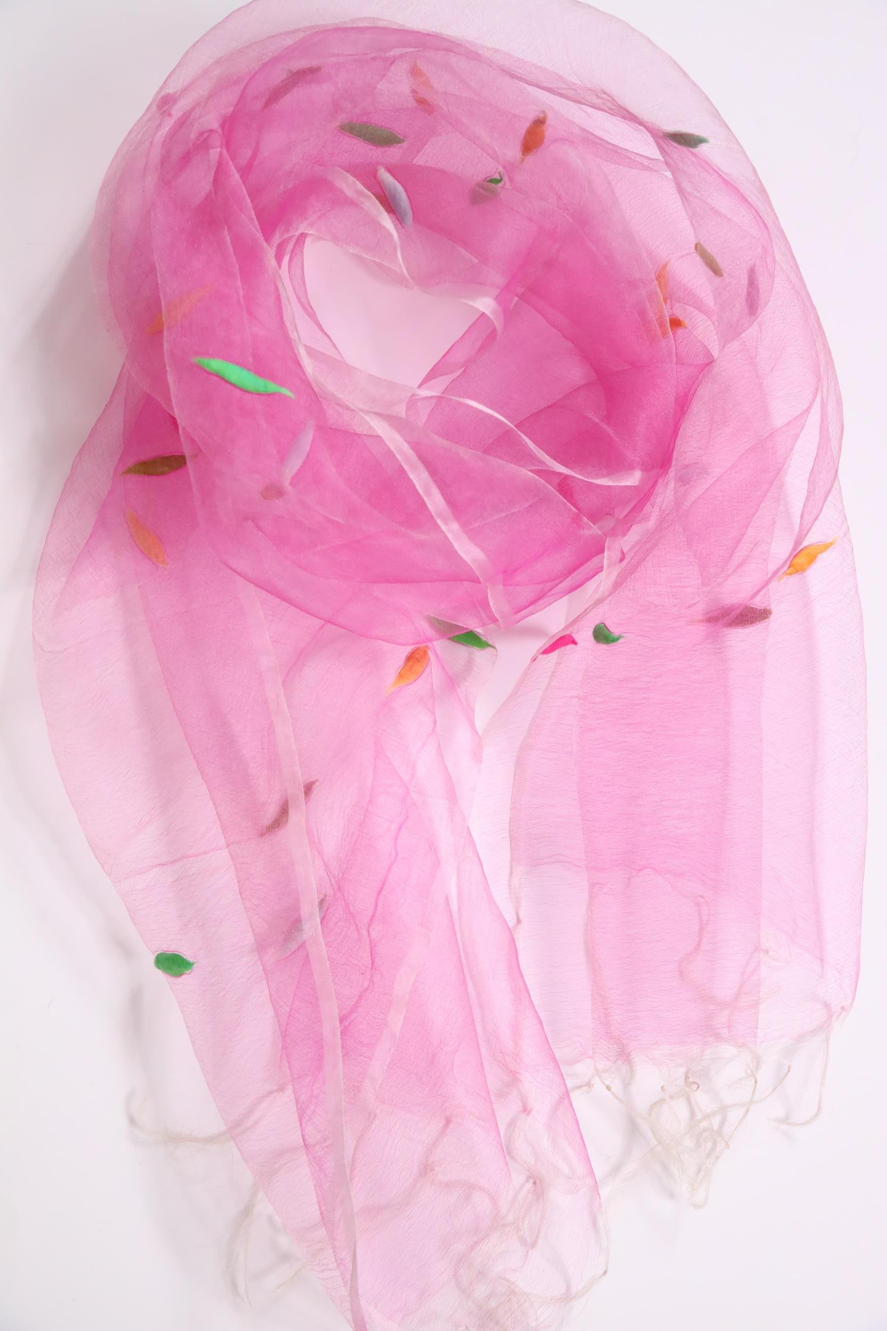 Pembe Renkli Pamuk Desenli Tül Şal - Şaman Butik Pembe Renkli Pamuk Desenli Tül Şal
