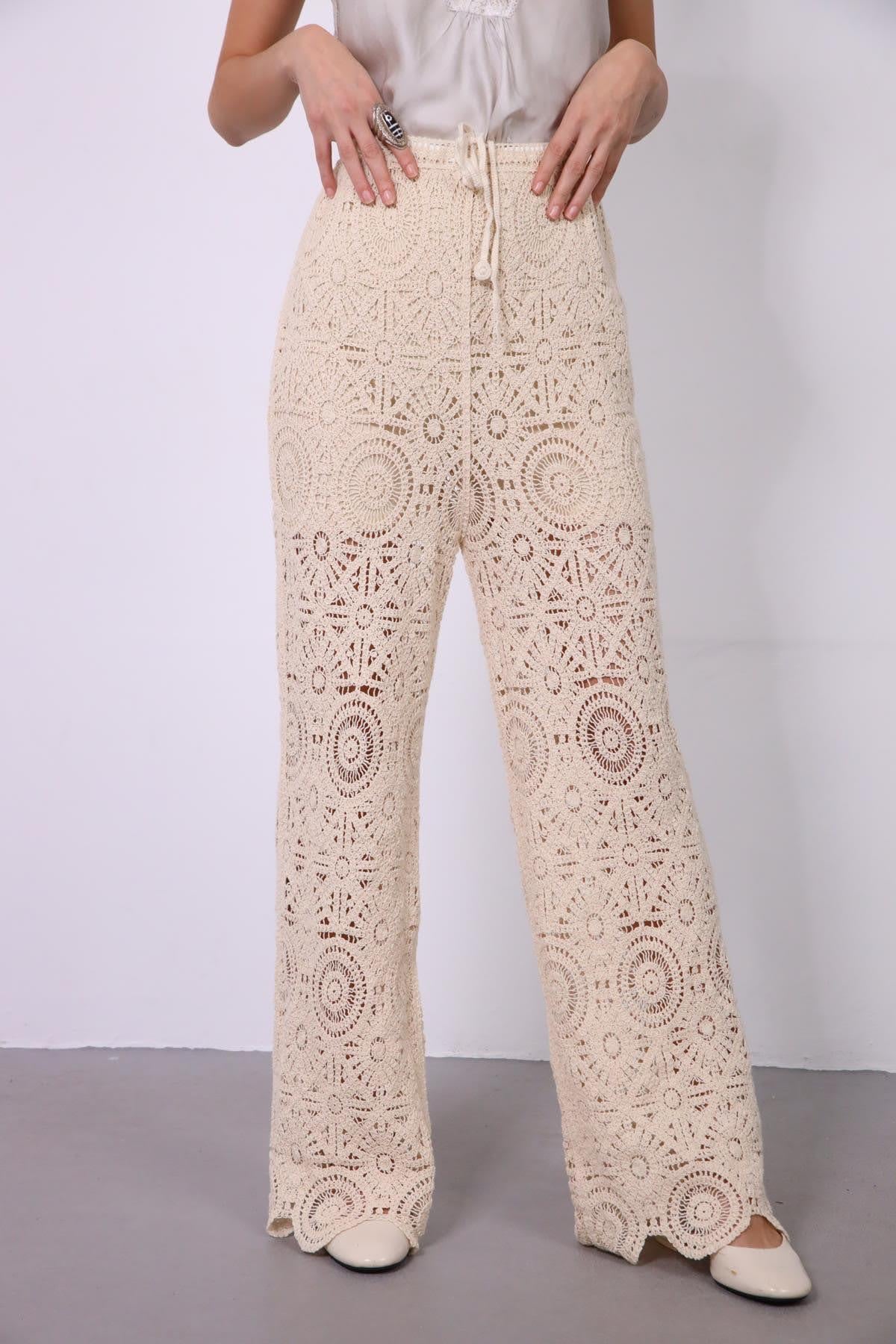  Krem Rengi Dantelli Pantolon