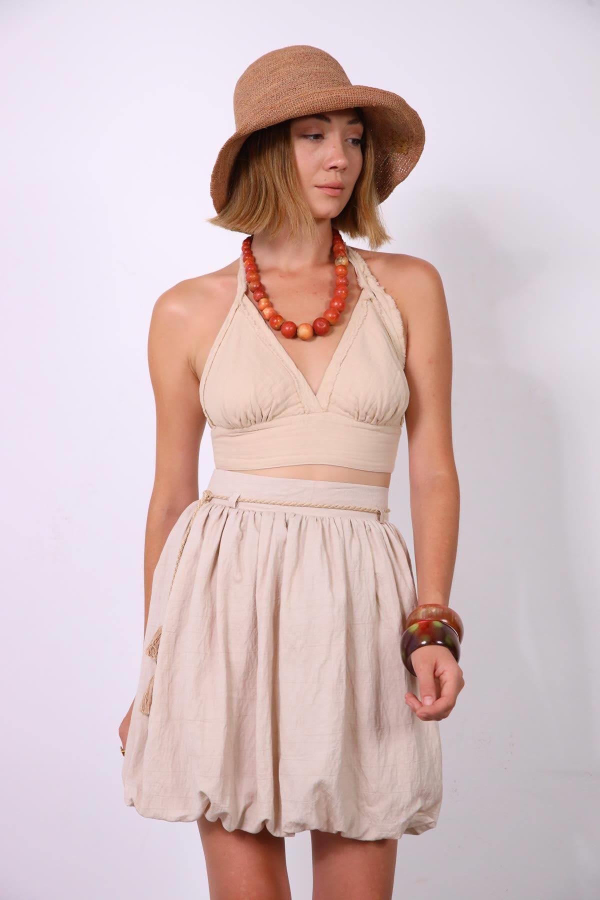 Krem Rengi Kemerli Mini Balon Etek - Şaman Butik Krem Rengi Kemerli Mini Balon Etek