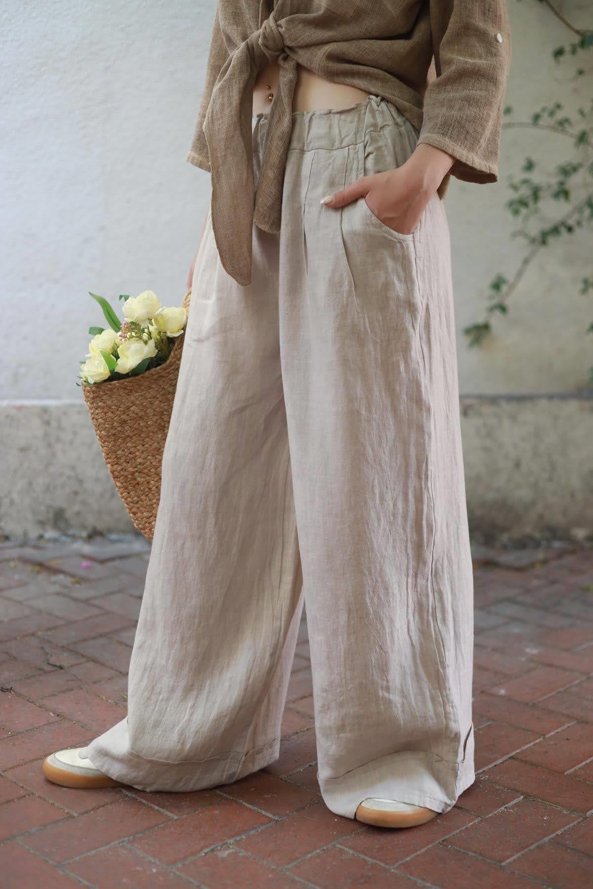 Krem Rengi Paçası Katlı Keten Pantolon
