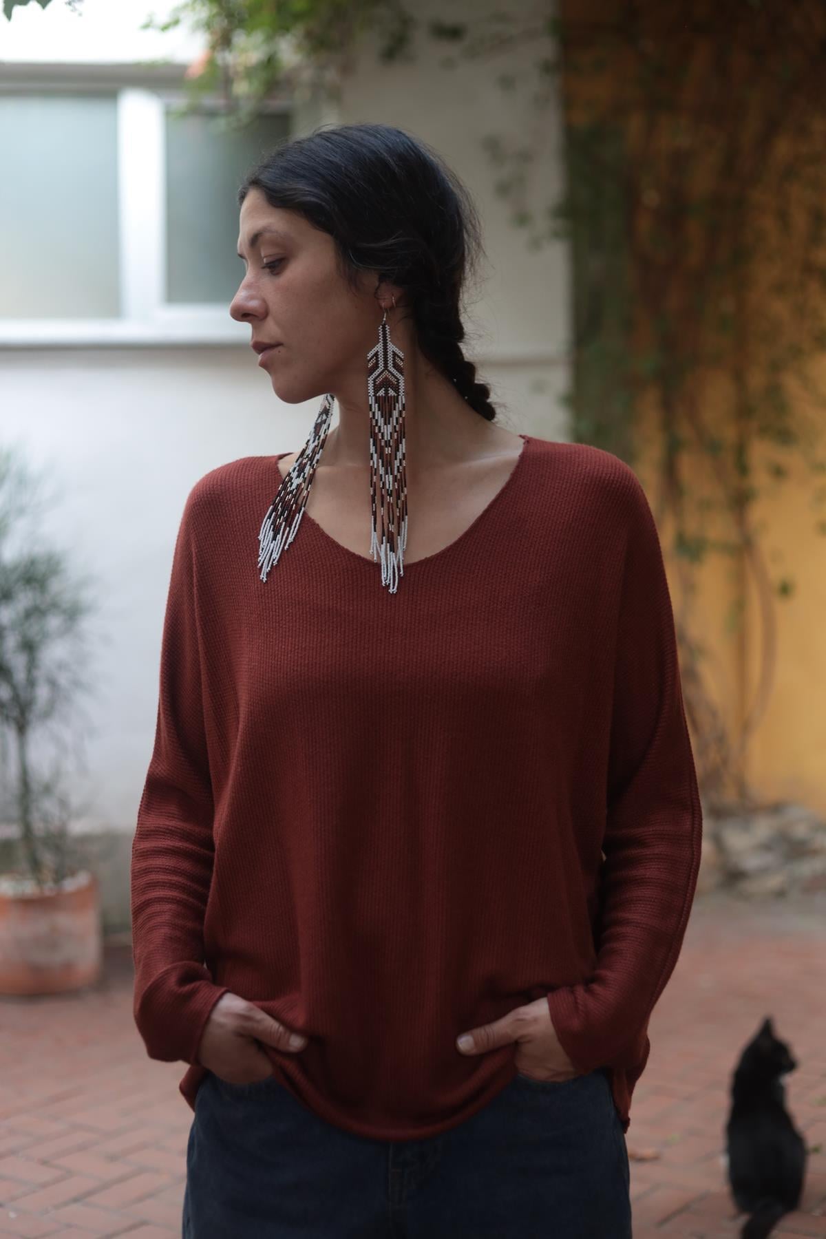 Kiremit Rengi Sırtı Dikişli V Yaka Angora Bluz