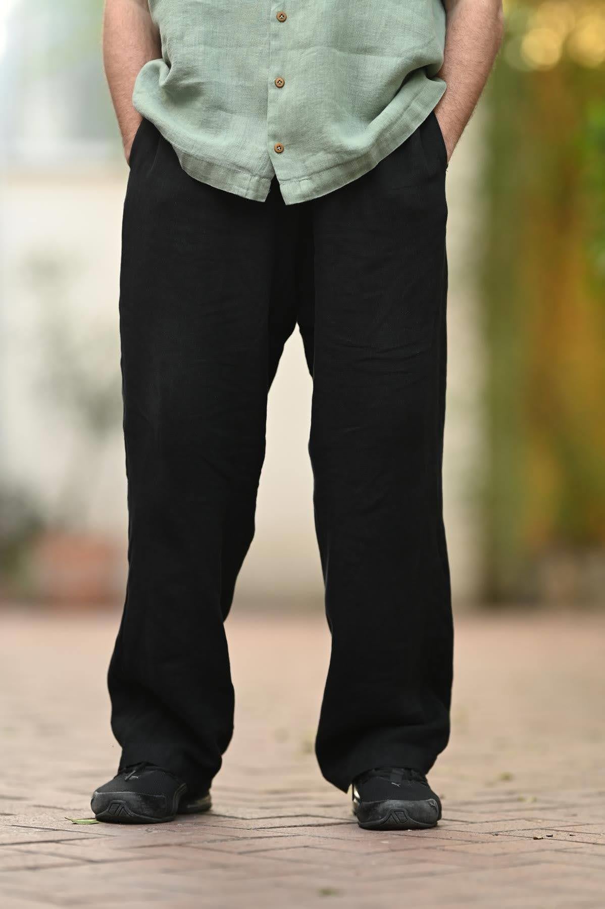 Siyah Keten Bol Paça Jogger Erkek Pantolon