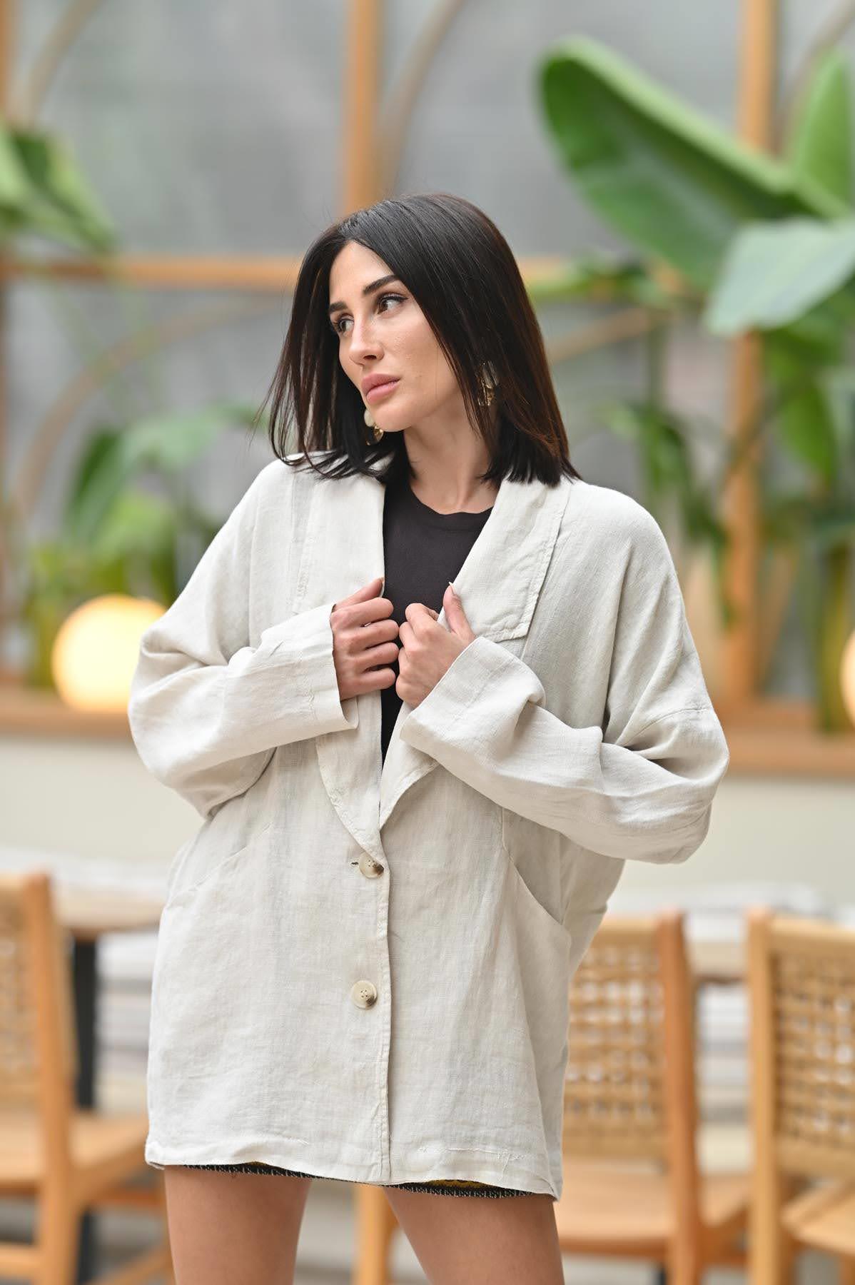 Krem Rengi Blazer Yaka Keten Ceket