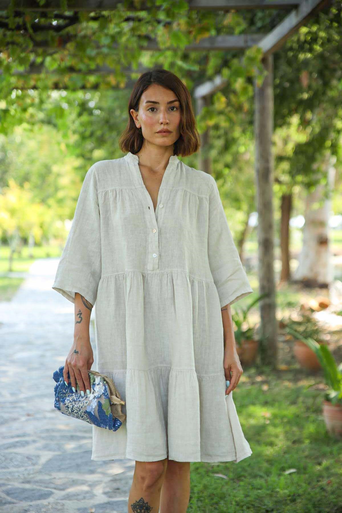 Taş Rengi Düğmeli Kısa Keten Elbise