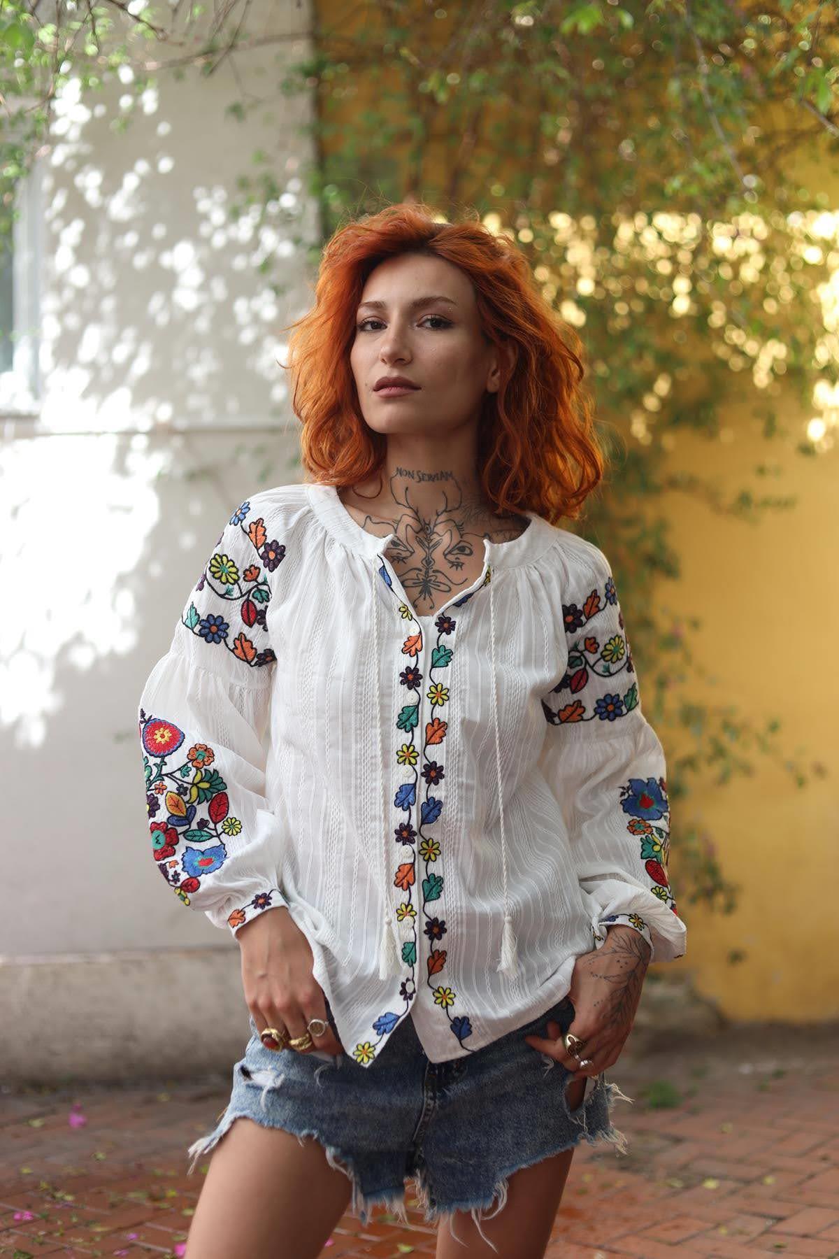 White Embroidered Balloon Sleeve Shirt