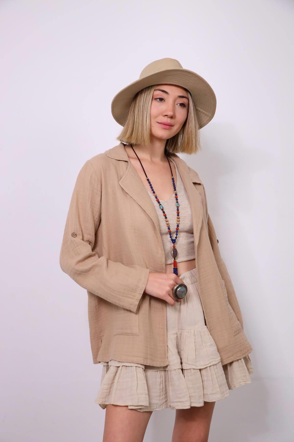  Camel Rengi Önü Cepli Müslin Blazer Ceket