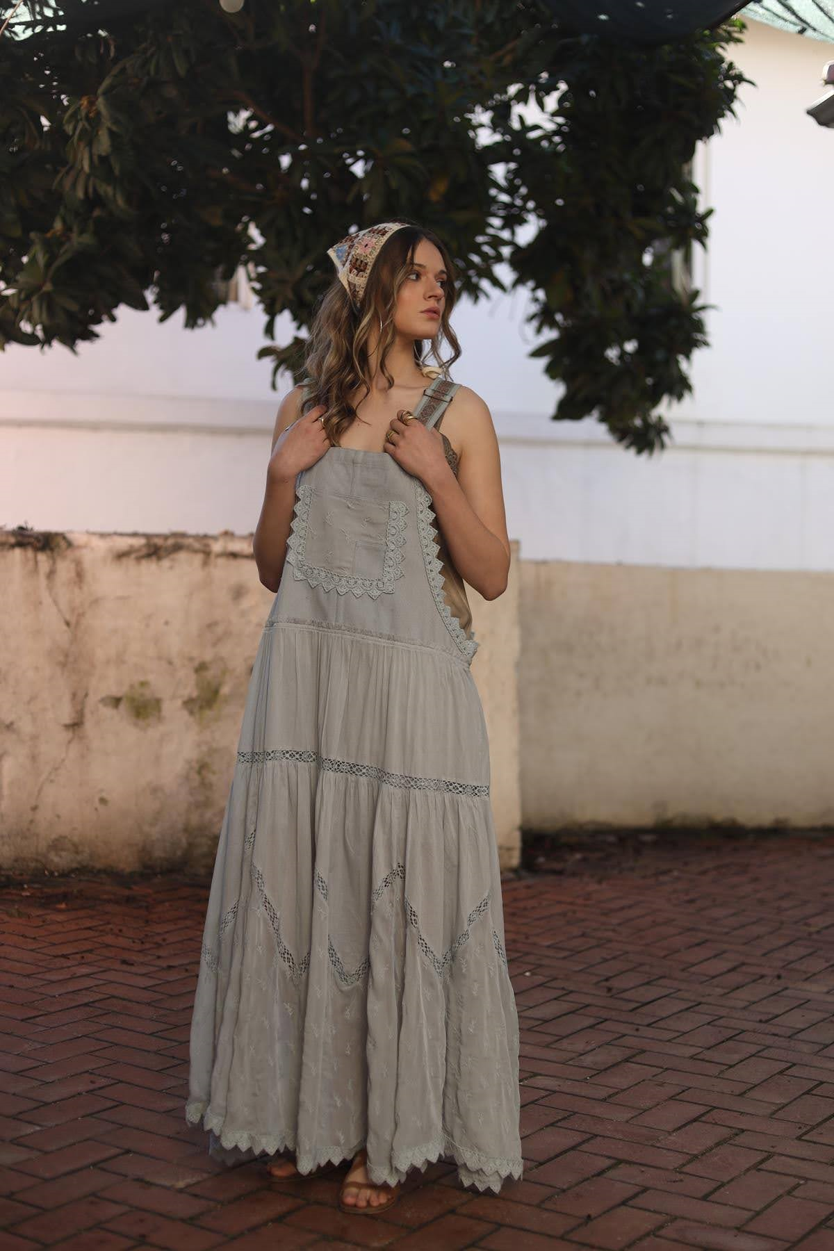 Buz Mavisi Dantelli Kot Parçalı Salopet Elbise