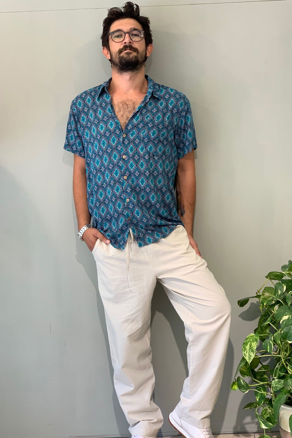 Blue Patterned Short Sleeve Shirt