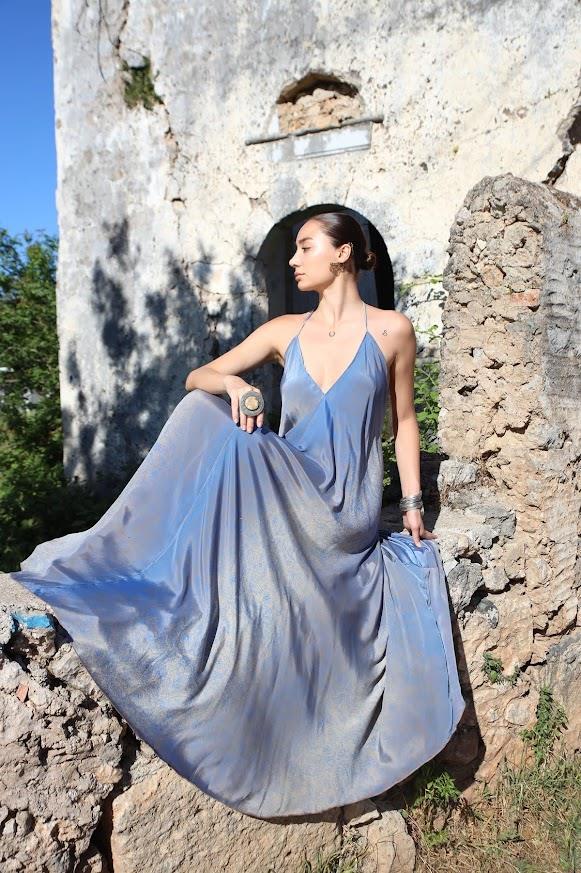 İndigo Mavi Önü Arkası V Sırtı Bağcıklı Elbise - Şaman Butik İndigo Mavi Önü Arkası V Sırtı Bağcıklı Elbise