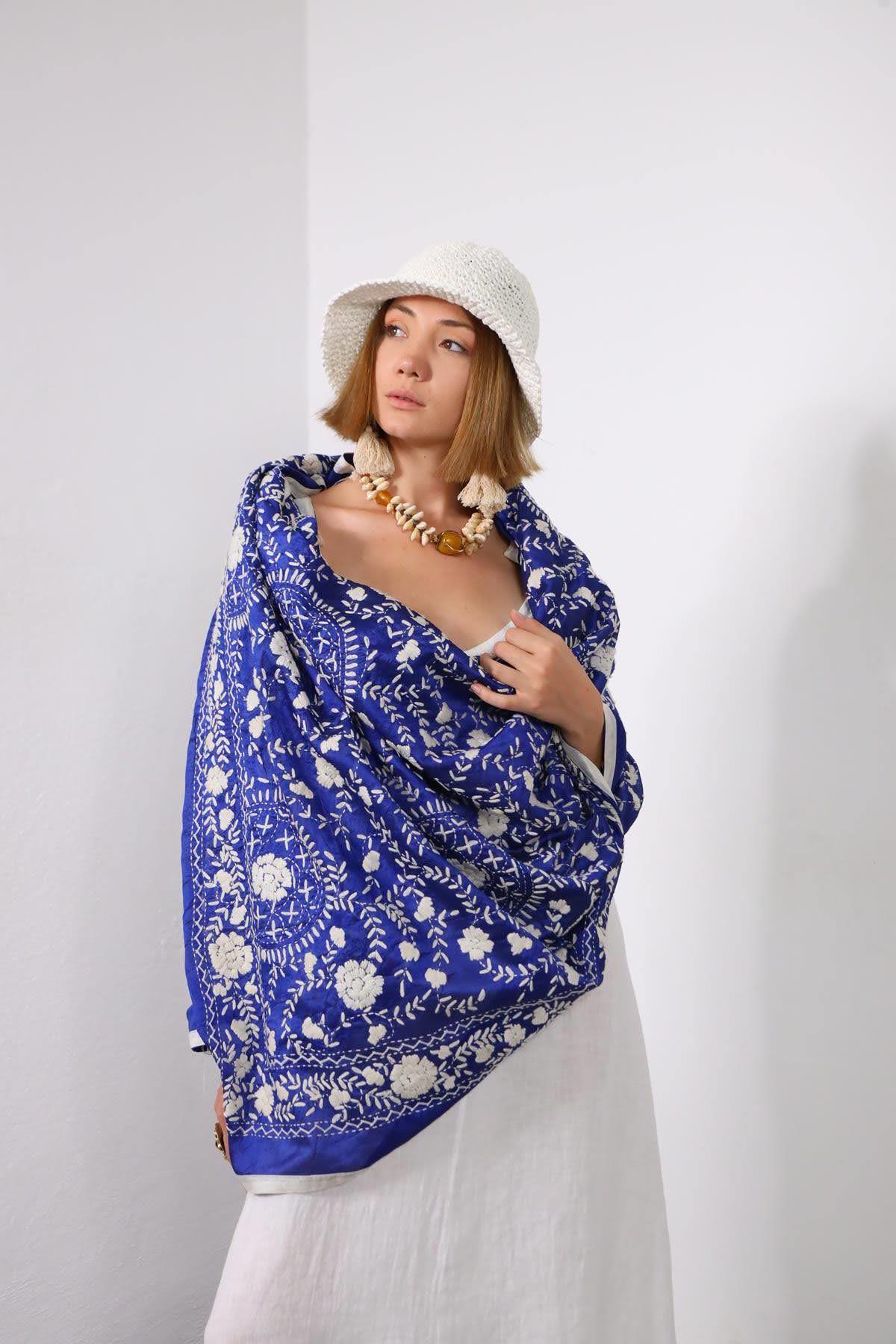 Saks Mavisi İşlemeli Bohem Şal - Şaman Butik Saks Mavisi İşlemeli Bohem Şal