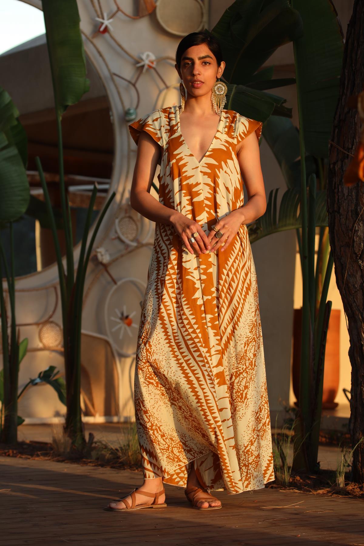 Orange Patterned V Neck Strappy Dress