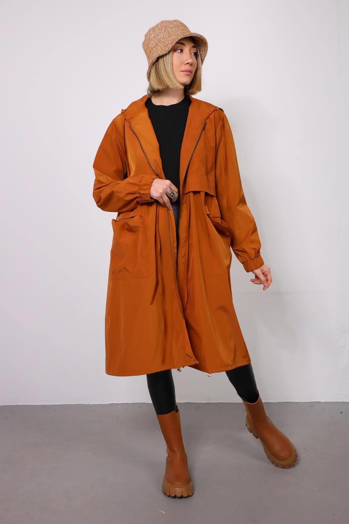 Taba Rengi Kapüşonlu Uzun Trençkot - Şaman Butik Taba Rengi Kapüşonlu Uzun Trençkot