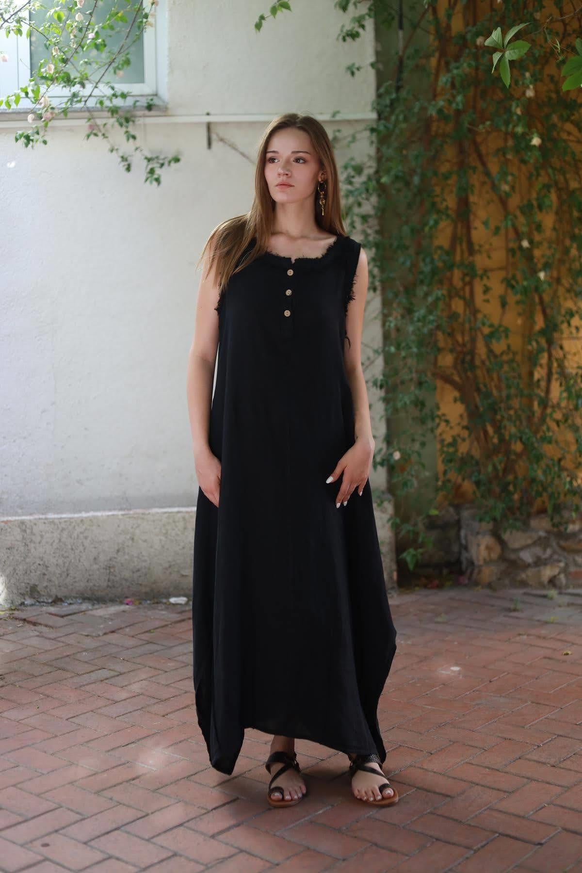 Black Buttoned Tasseled Linen Dress
