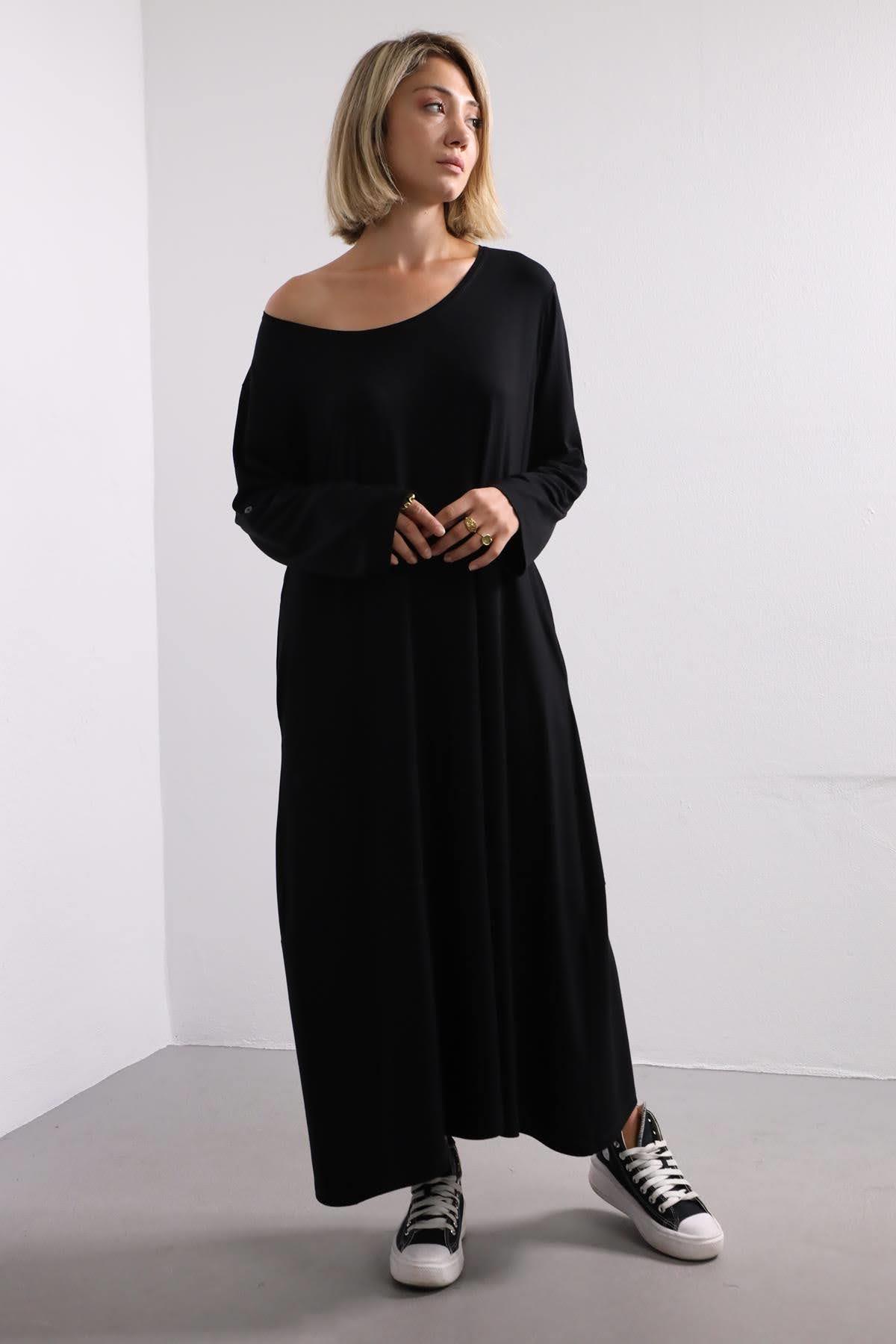 Siyah Kayık Yaka Eteği Dikişli Elbise - Şaman Butik Siyah Kayık Yaka Eteği Dikişli Elbise