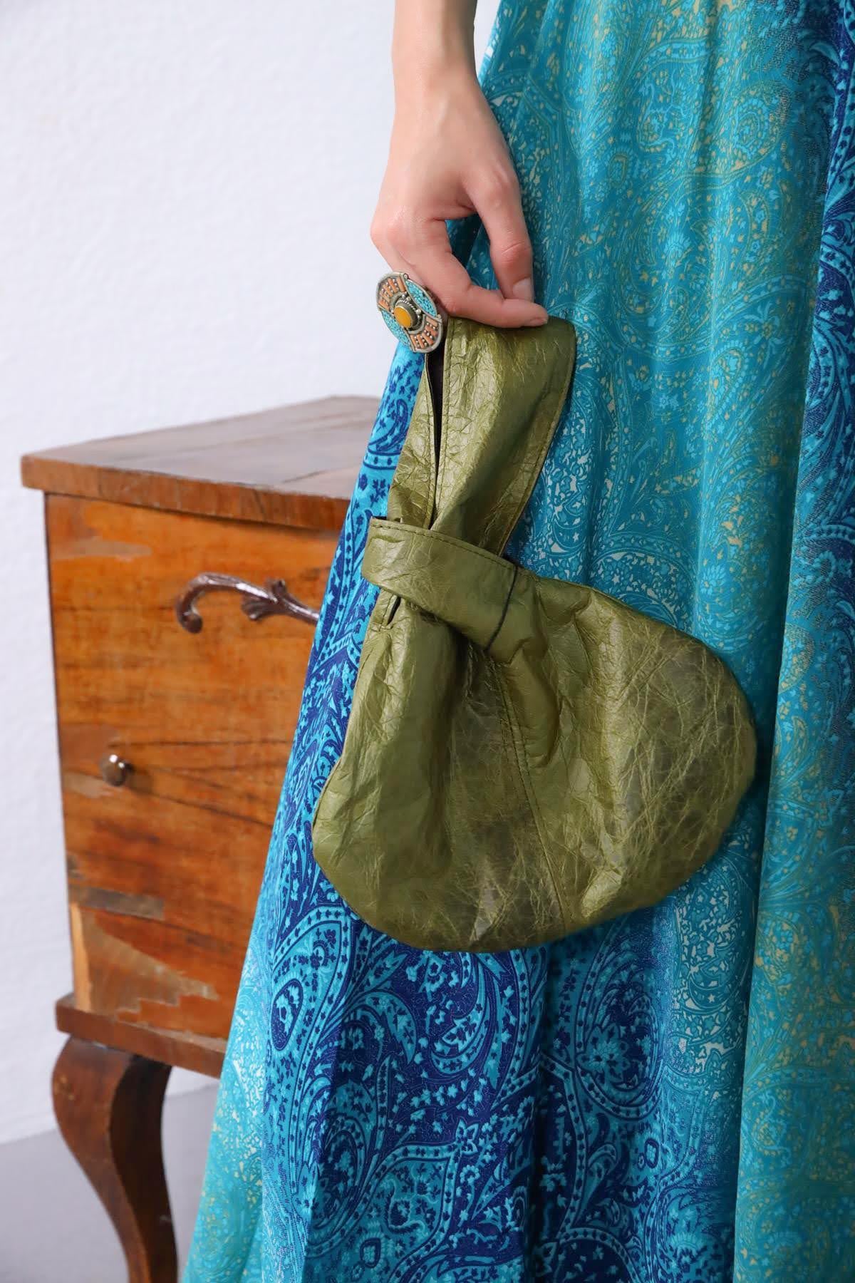 Haki Parşömen Deri Düğüm Çanta - Şaman Butik Haki Parşömen Deri Düğüm Çanta